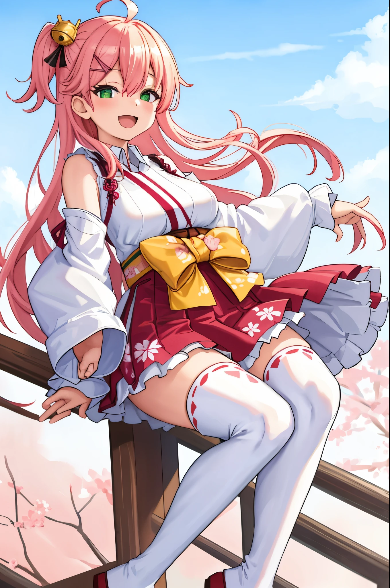 masterpiece, best quality, highres, sakura_miko, 1girl, (loli:1.3),medium_breasts, kimono, solo, ahoge, x_hair_ornament, pink_hair, floral print, hairclip,(side_less_clothes:1.3), (side_breasts:1.3), hair_bell, floral print, long_hair, hair between eyes, one side up, white_thighhighs, wide sleeves, open_mouth,(happy:1.3),green_eyes,smile,apart_legs,(overly_long_sleeves:1.3),),sleeves_past_wrists,hands_hidden_sleeves,sidelock_clothes,solo,hidden_wrists,(XD:1.5),covered_nipples,sunlight,(bare_flank:1.3),boots,open_mouth,kimono,close_eyes,.