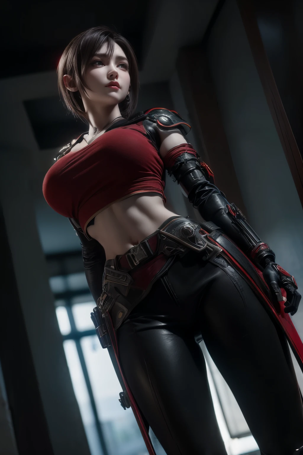 masterpiece,Game Art,Best picture quality,Maximum resolution,8K,((Above the waist:1.5)),(A bust photo),(portrait),(Head close-up),(Rule of Thirds),Unreal Engine 5 rendering works,(Digital Photography),(real picture:1.2),
20 year old girl,Short hair details,Long bangs,A face rich in detail,(The red eye makeup is carefully applied),(White,Red eyes with short hair,(Large target, Full breasts),Elegance and nobility,Brave and charming,
(Futuristic battle suit combined with medieval fantasy,Open coat,Combined Armor,Weapon Accessories,The costumes are rich in detail),Cyberpunk Characters,simple background movie lights,Ray tracing,Game CG,((3D Unreal Engine)),(Head focus),OC rendering reflection mode