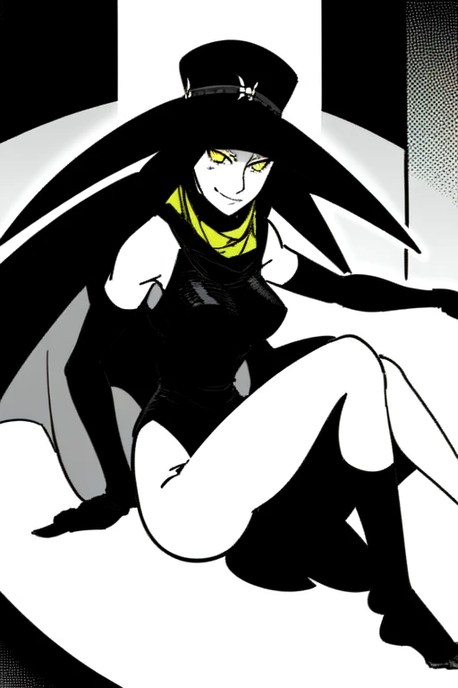 Scathach, solo, girl1, shin megami tensei, cape hat, cape, gloves, socks, white skin, yellow eyes, knees down, flowing, black shirt, smile, (best quality, masterpiece) 