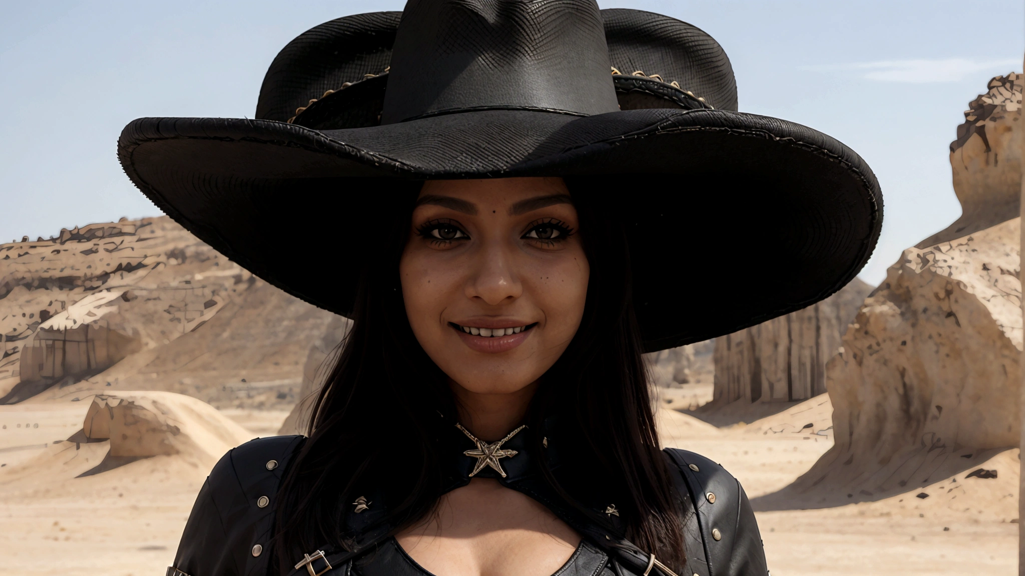 1 garota, (olhos azuis), (they are smiling), (Em nome de Minaj), cadeiras largas, tetas grandes, grande, redondo, (A melhor qualidade, 8K, Obra-prima: 1.3), perfect hands, foco claro: 1.2, Beleza corporal perfeita: 1.4 , Abdominais magros: 1.2, Textura altamente detalhada do rosto e da pele, olhos detalhados, palpebras duplas, (cabelo loiro longo), (camiseta branca sem mangas), (Vaqueiros), (Botas de vaqueiro), (black cowboy hat :1.3), standing, dynamic pose, em uma estrada no deserto, cacto ao fundo