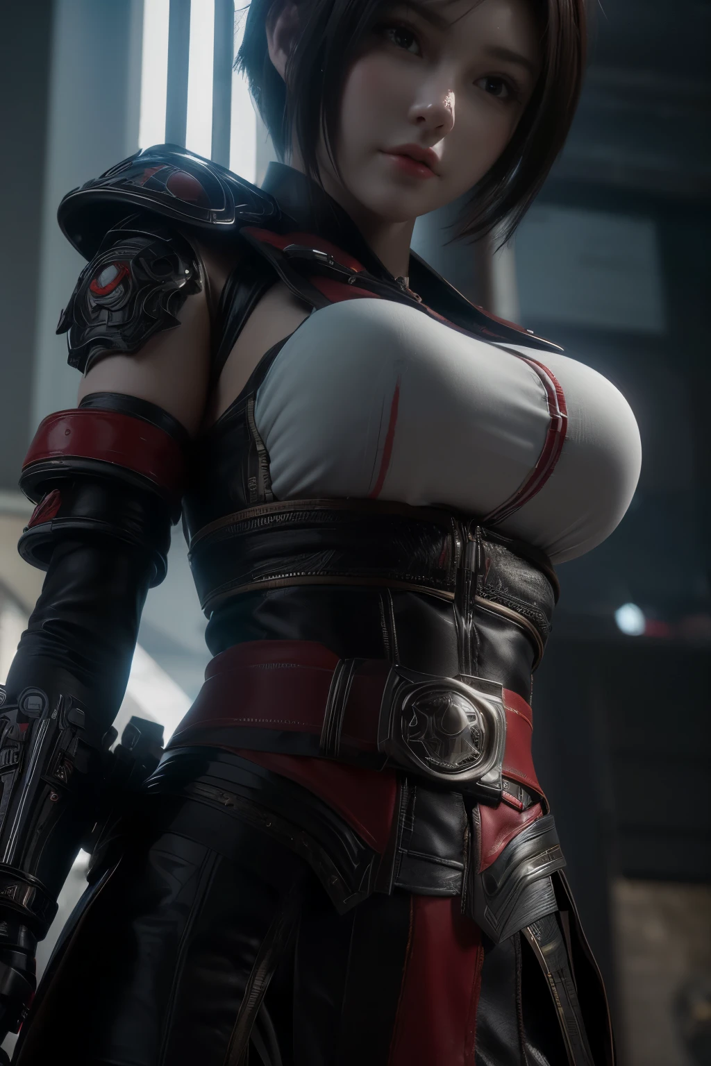 masterpiece,Game Art,Best picture quality,Maximum resolution,8K,((Above the waist:1.5)),(A bust photo),(portrait),(Head close-up),(Rule of Thirds),Unreal Engine 5 rendering works,(Digital Photography),(real picture:1.2),
20 year old girl,Short hair details,Long bangs,A face rich in detail,(The red eye makeup is carefully applied),(White，Red eyes with short hair,(Large target, Full breasts),Elegance and nobility,Brave and charming,
(Futuristic battle suit combined with medieval fantasy,Open coat,Combined Armor,Weapon Accessories,The costumes are rich in detail),Cyberpunk Characters,simple background movie lights，Ray tracing，Game CG，((3D Unreal Engine))，(Head focus)，OC rendering reflection mode