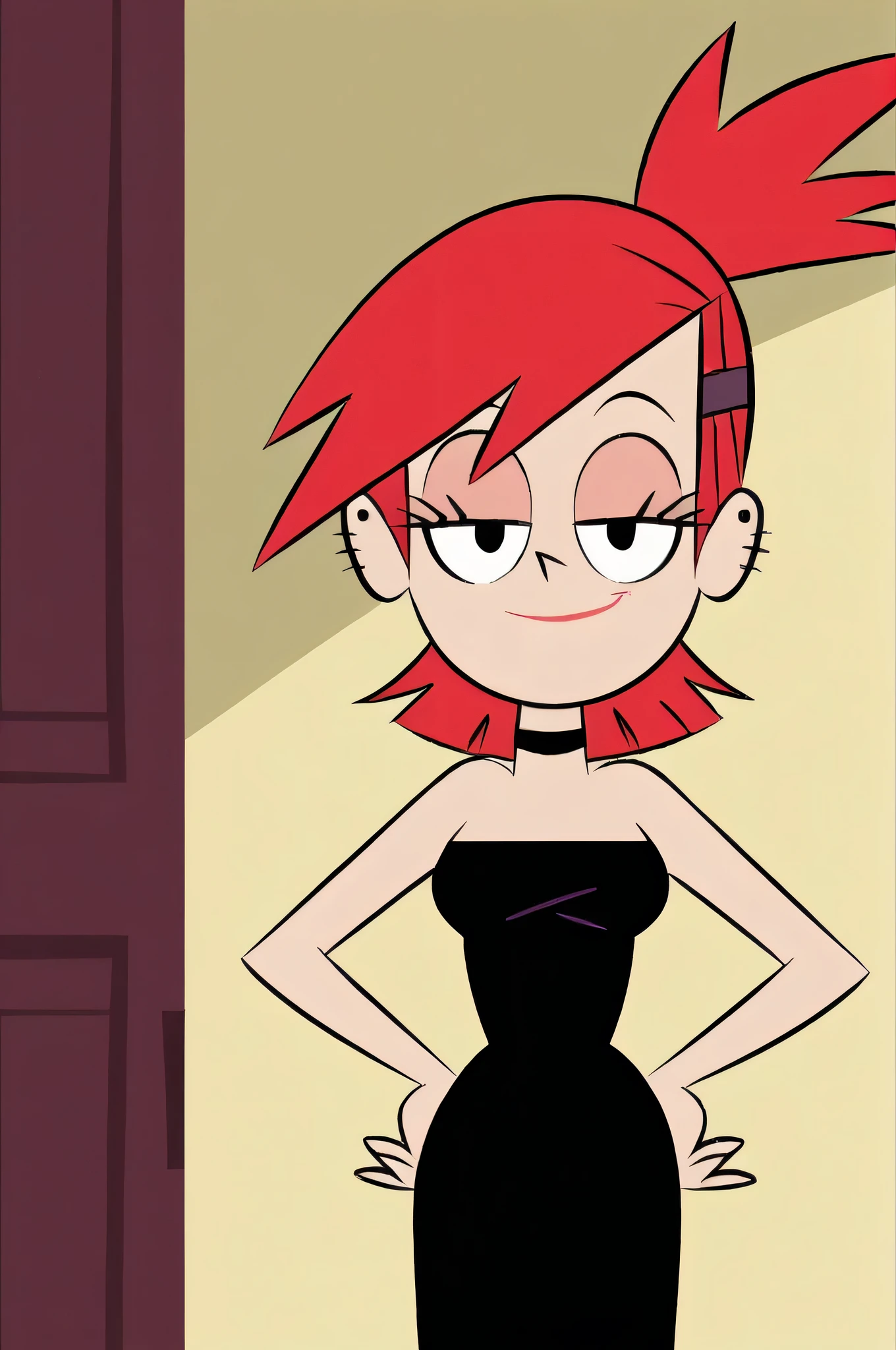 FrankieFoster, red medium hair, bob hair cut, black eyes, posing, solo, strapless black dress, smug, beautiful, arms at sides, standing at the pink front door, hands on hip, looking at viewers,