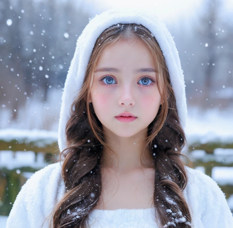 Beautiful girl, blue eyes, long curly white hair, detailed facial traits, national turkic female dress, naked breasts, yurta behind, it's snowing