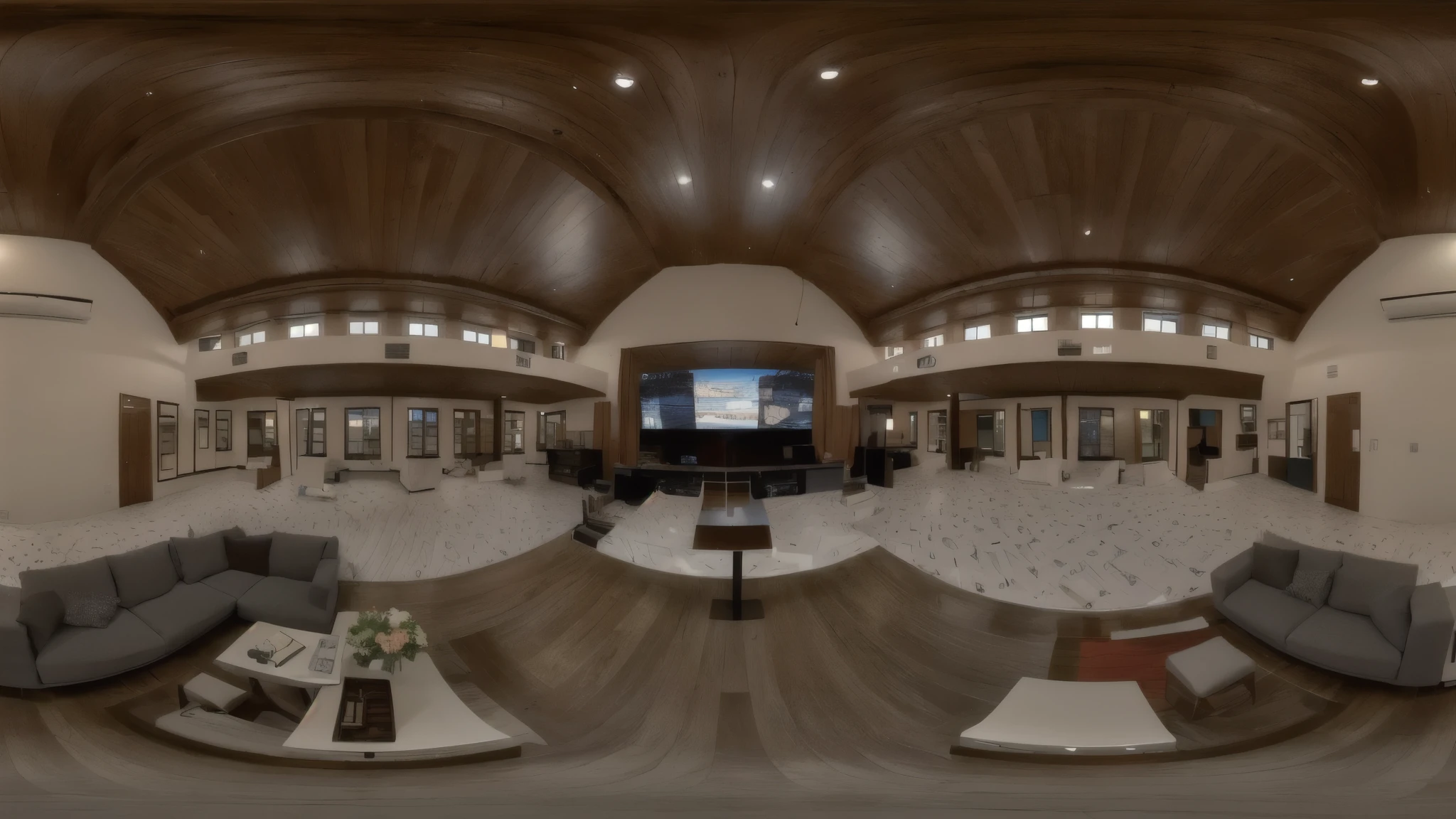 arafed view of a large room with a tv and a table, 3 6 0 render panorama, ultra wide angle isometric view, 3 6 0 panorama, 3 6 0 picture, 360 degree equirectangular, virtual metaverse room, 3 6 0 capture, wide long view, ultra wide angle view, photograph of 3d ios room, panorama shot, realistic