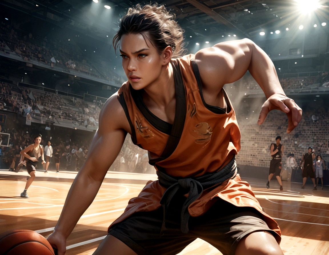 a young man with spiky black hair, wearing an orange martial arts outfit, playing basketball on a court, beautiful detailed eyes, beautiful detailed lips, extremely detailed face, long eyelashes, muscular body, dynamic action pose, basketball court, blue sky, sun rays, realistic, photorealistic, photo-realistic:1.37, best quality, 8k, highres, masterpiece:1.2, ultra-detailed, vivid colors, cinematic lighting, dramatic shadows, epic action scene