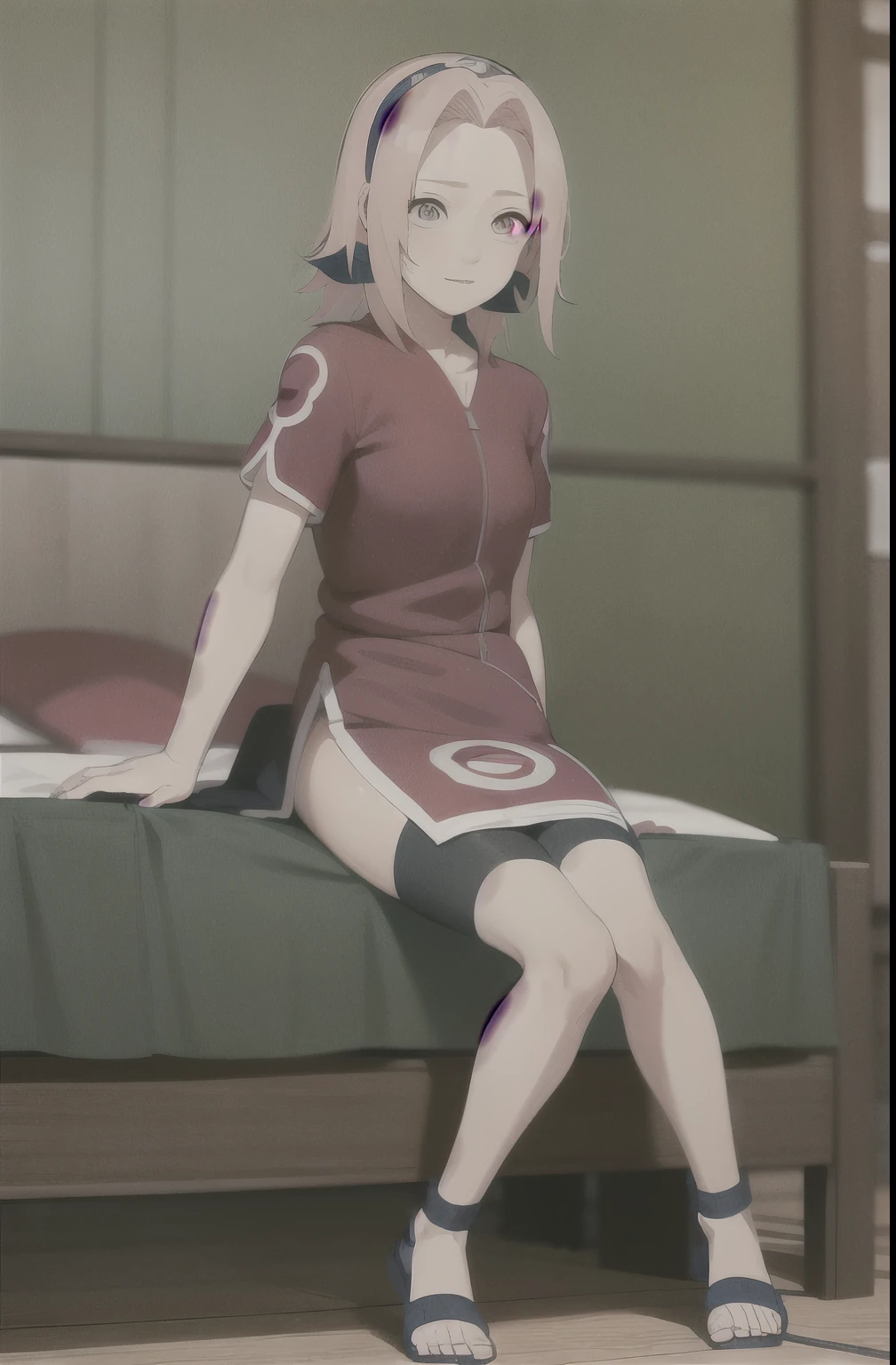obra maestra, mejor calidad, 1 chica, sakura haruno, small breasts, tonificado, Mirando al espectador, , Camisa elevadora, calcetines hasta el muslo, diafragma, En cama, sol, Mini falda levantada, Desnudo (ojos verdes: 0.6)