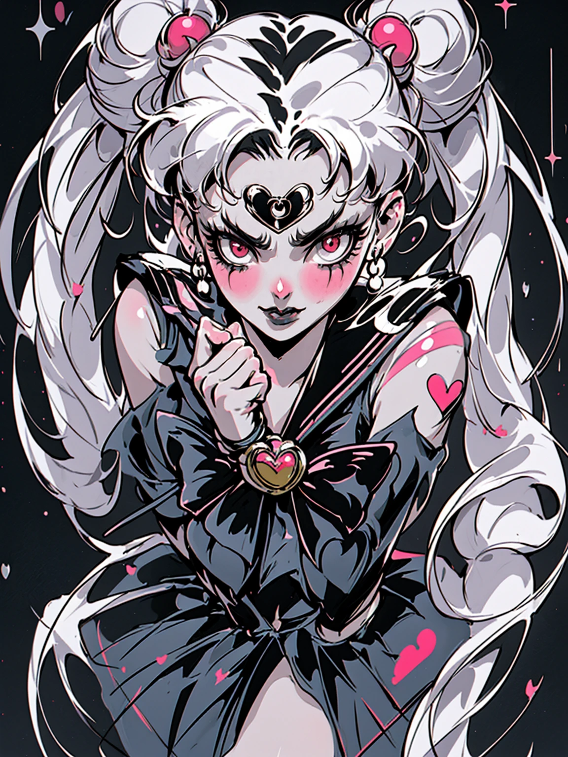masterpiece, best quality, 1girl, gothic, black lips, solo, black hair, makeup, twin tails, hair buns, (sailor moon), half-cycle, correct hands, proportional fingers, detailed hands, detailed face, detailed body, multicolored white hair, bangs, eyeshadow, tattoos, hair bow, bow, lipstick, two-tone hair, black background, ultra-detailed, professional, bokeh, hentai, illustration, vivid colors, portraits, sharp focus, horrified color palette, dramatic lighting