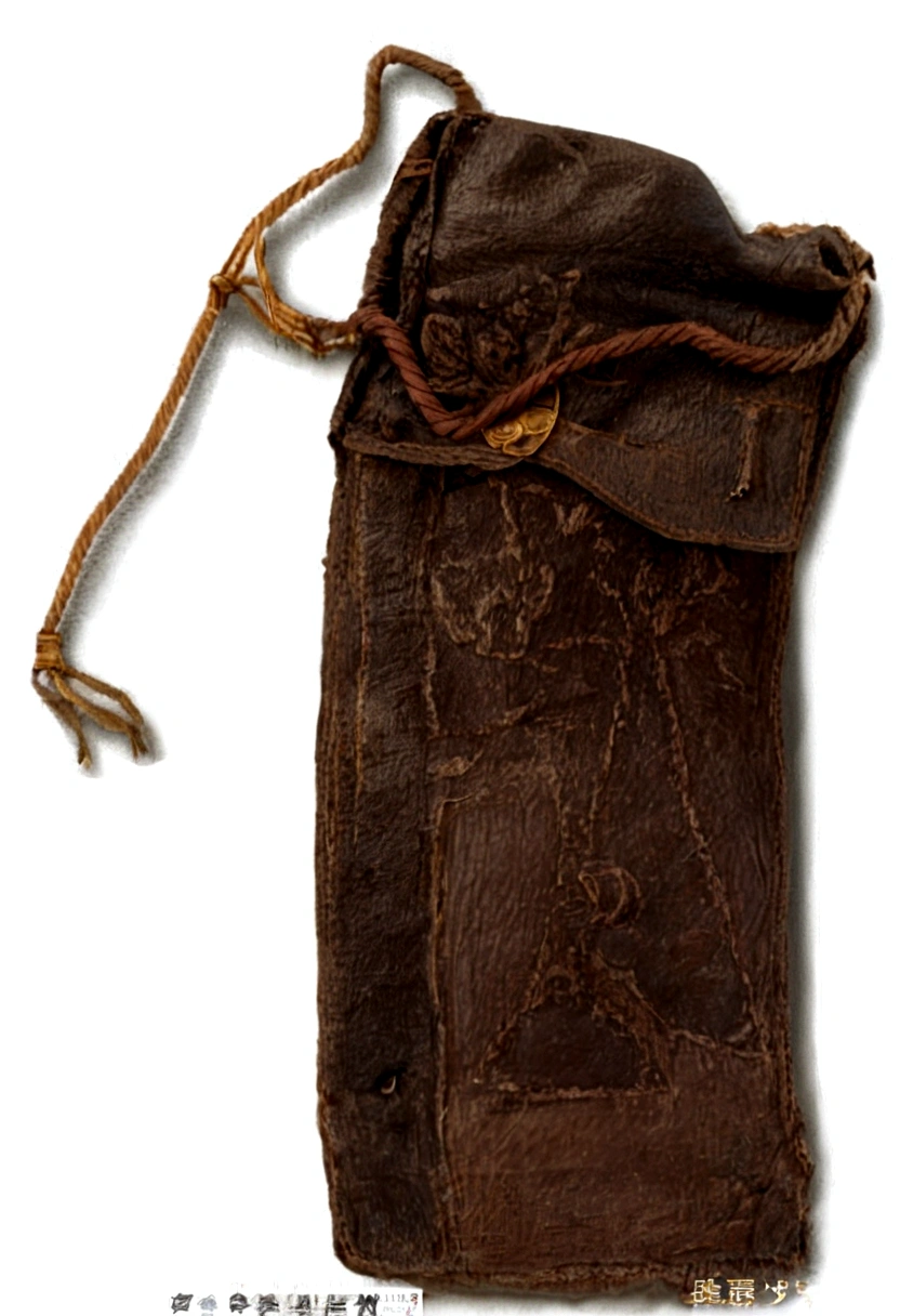 there is a brown bag with a brown pattern on it, leather pouch, an unknown ethnographic object, unreleased, wonderful masterpiece, by Francisco de Holanda,  an ancient, worn, actual photo, by Joos de Momper, pouches, masterpiece!!!!