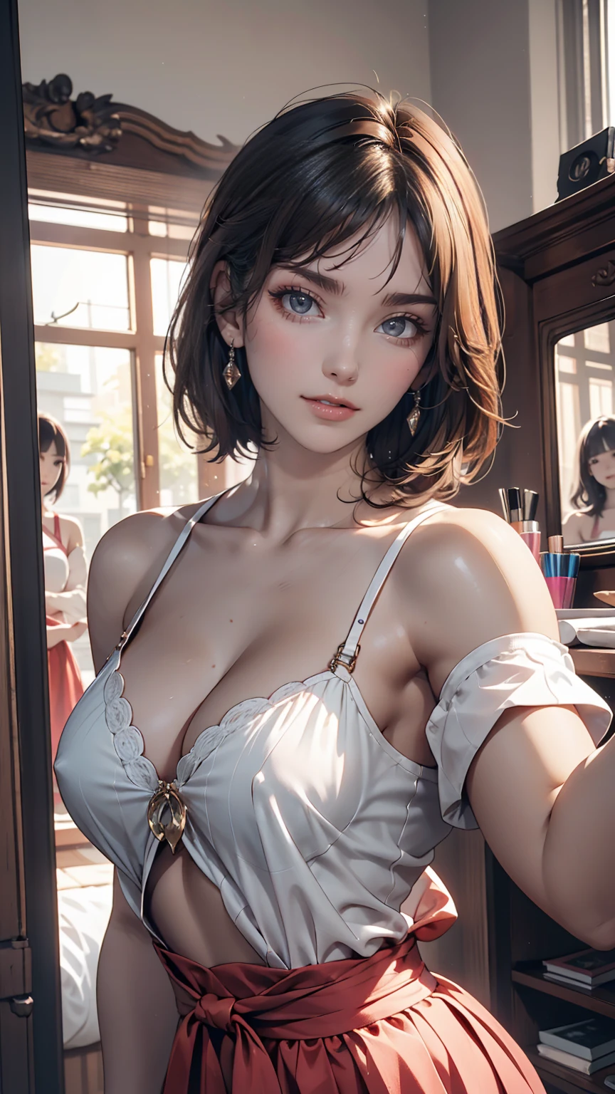 Three Asian women taking a photo in a room, Ulzzang, Three sisters looking in the mirror, 8k)), Popular Korean makeup, Profile picture, beautiful girl, 8k selfie photo, Cute - Nice - Face, Popular Korean makeup, Shishion Wu, pretty girl, Korean Girls, avatar Profile picture, sakimichan, very high quality, Surreal Realism, Super polished, high quality, 8K resolution, Diverse styles, Exposing shoulders without exposing breasts,