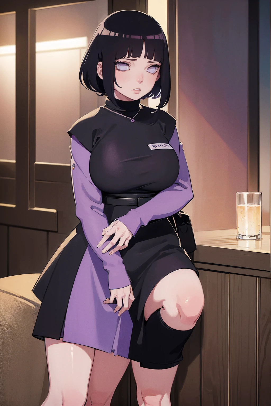 { - anatomy error} (Masterpiece - Ultra-detailed, very high resolution) (huge titusty, masterpiece, absurdres, hinata\(boruto\),2d, Character female, {{35 years old}}, for an RPG based in the Naruto universe by Masashi Kishimoto, specially in hyuga clan; Appearance inspired by Wraith / Apex Legends, with byakugan-gray eyes, kind and sweet expression; medium and dark hair; wearing ninja lilac outfit]; artwork in Japanese animation style beautiful, high definition, masterpiece, {{high detailed eyes}}, grain filter, Detailed lips, high resolution, ultra-detalhado, retrato, mulher caucasiana, realista proportions, Anatomicamente preciso, bochechas rosadas; alta qualidade, premiado, high resolution, 8k, ((altamente detalhado:1.3)
