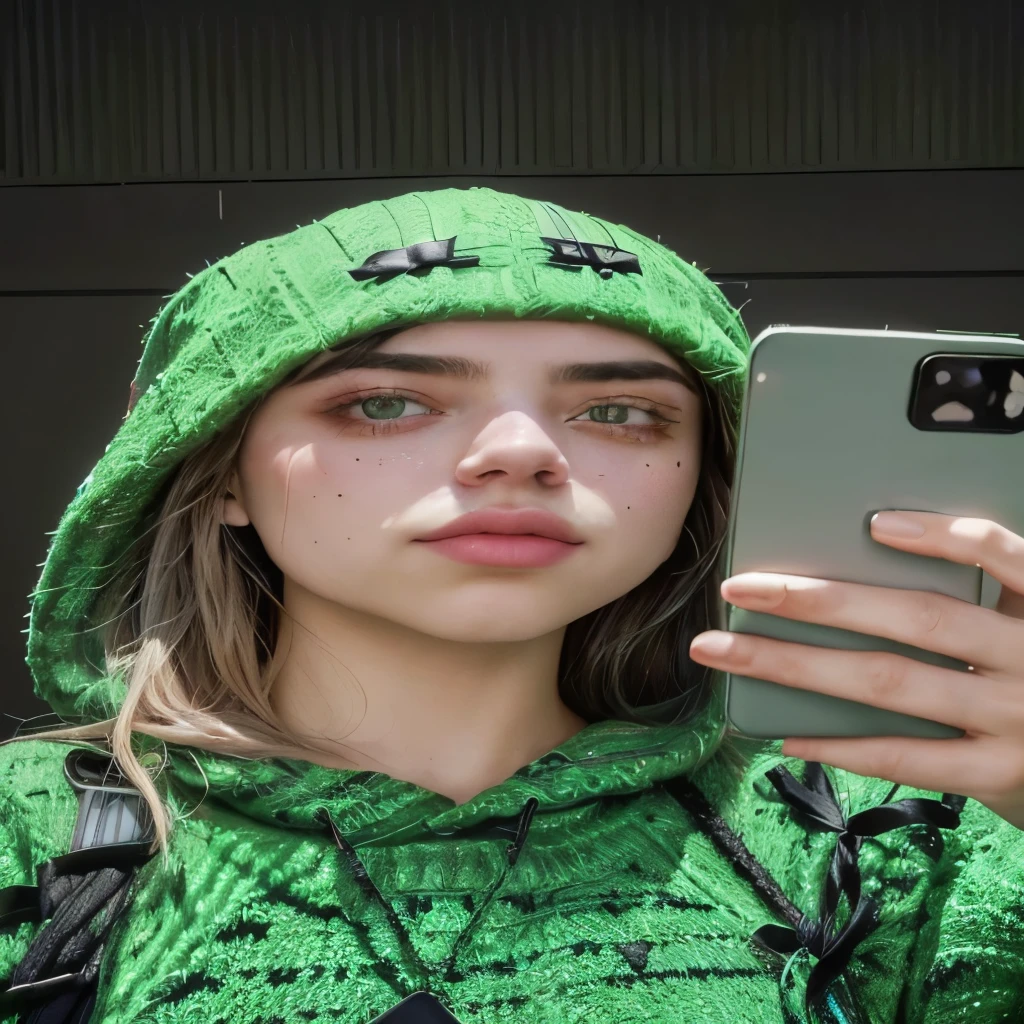 arafed woman in a green sweater taking a selfie with her phone, billie eilish, kailee mandel, green dress with a black hood, lucio as a woman, billie eilish as loki, 😭 🤮 💕 🎀, 8k selfie photograph, profile pic, 🔞🤡, annato finnstark, selfie of a young woman
