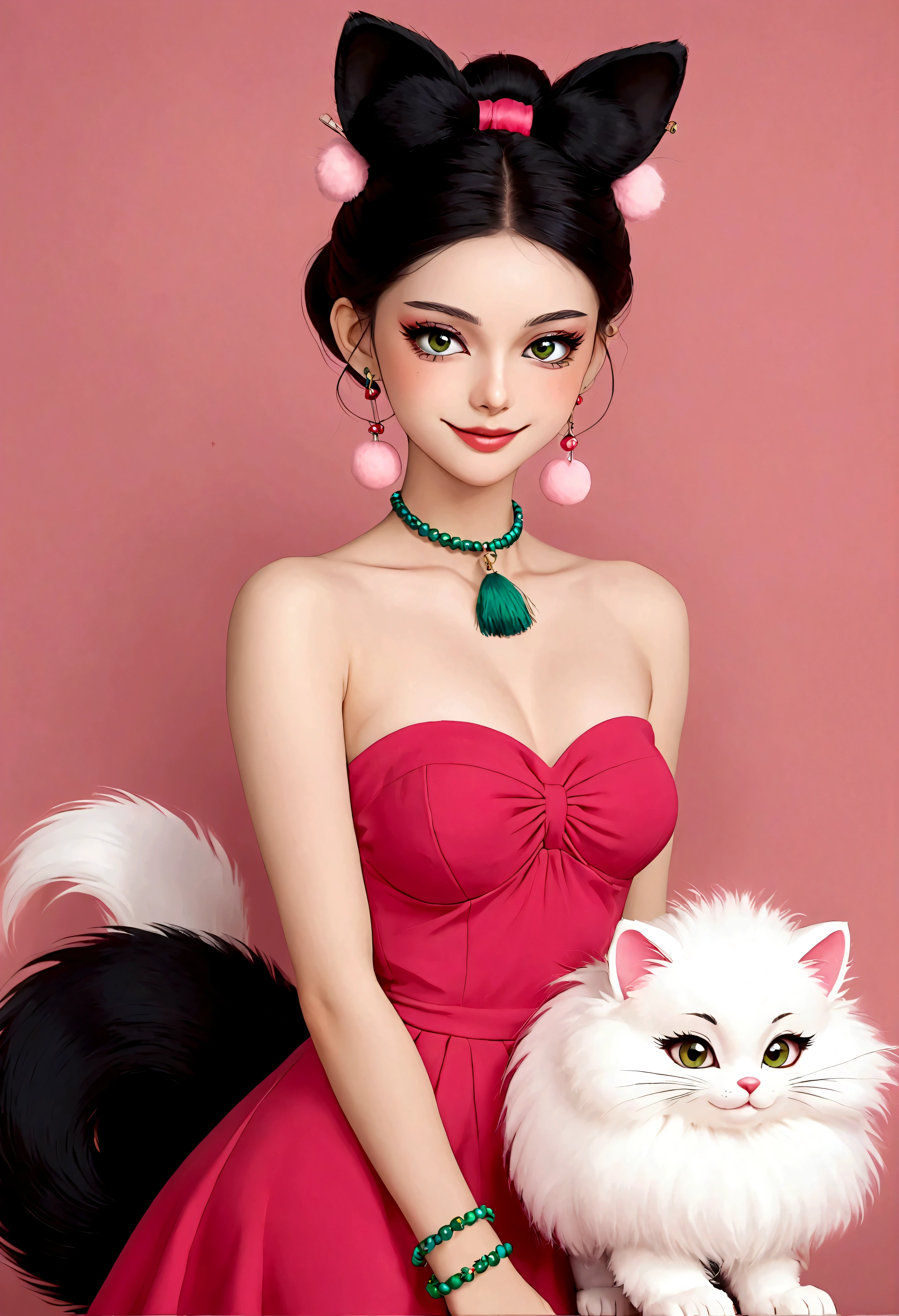 Noble and elegant girl,Beautiful face,beautiful eyes,Pink Eyeshadow,blush,Smile,(((1 big, fluffy tail))),Black high bun,Pink pompom earrings,Sexy red tube top dress,Collar,Green Bracelet
