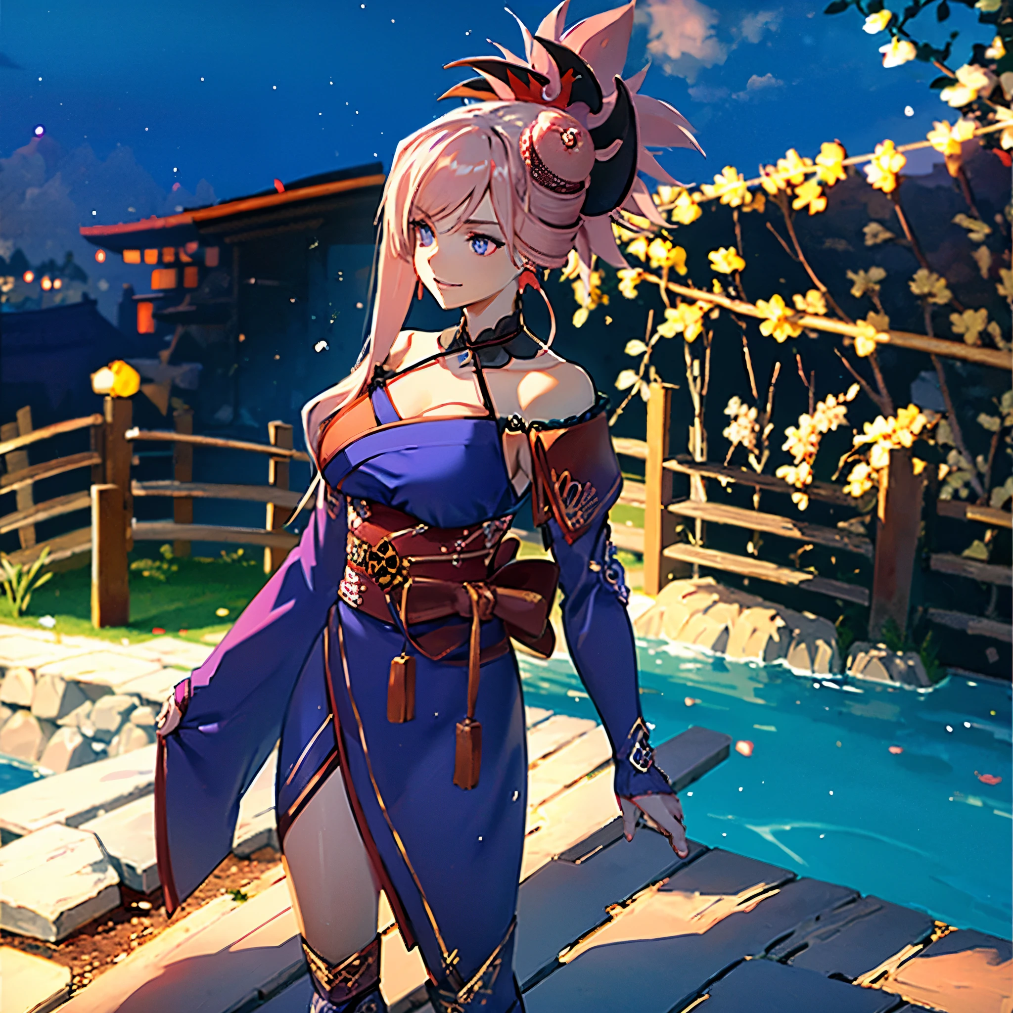 A woman wearing a purple kimono with exposed shoulders, red details on the kimono, red samurai shoulder pad, red samurai boots, holds a katana in both hands perfectly, walking on a wide lawn in Japanese aesthetics, light pink hair, ponytail hair, shuriken in hair, weak blue eyes, smiling, big breasts,UHD , work- prime, precise, anatomically correct, textured skin, super details, high quality, best quality, 8k, high resolution, bokeh effect. (woman alone)
