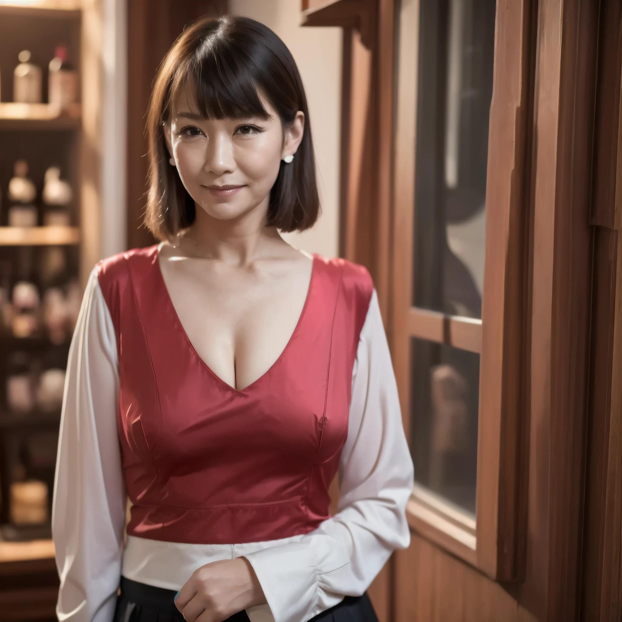 ((highest quality)), ((8K)), ((masterpiece:1.3)), (Perfect look), (Photorealism:1.6), (1人の歩くJapanese Mature), (Woman window shopping), Blurred Background, Japanese Mature, 62 years old, ((Realistic skin texture)), (Fine wrinkles all over the skin:1.3), (Dull skin:1.1), (Unmoisturized skin:1.2), (Facial wrinkles:0.9), (Wrinkles around the eyes:1.2), double eyelid, Tear bags on the lower eyelids, (Crying Mole:0.9), The eyes are watching me, Serious look, (Dimples on cheeks:1.2), (Short bangs:1.2), Long hair with curled ends, (Hair over the ears), Smiling with the corners of his mouth turned up, (Red blouse), (Black long skirt), Soft fabric blouse, (Wide-necked blouse: 1.4), Wide sleeves, Cuffs that fit snugly around the wrist, Long Skirt, Hair blowing in the wind, Small breasts, (wine red lips), (Red high heels:1.2), (Standing posture, Full body portrait:1.4), (Angle from the feet:1.4),