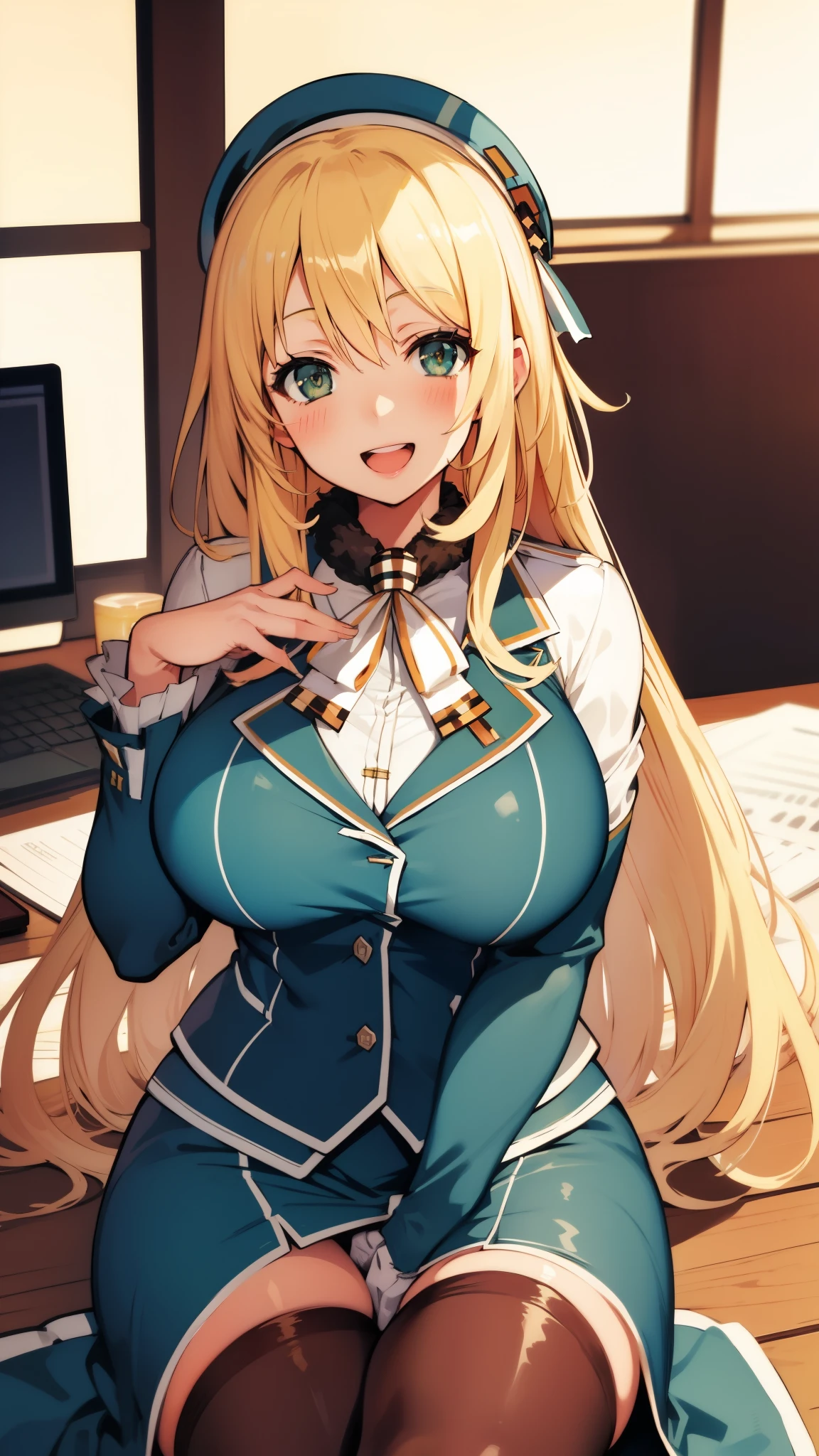 , Looking at Viewer,
blonde hair, large breasts, Smile, Open mouth, smile,wide hips,long hair,indoor,uniform,AtagoKC, (Atago) uniform,beret,sitting,office,desk,chair,chubby milf