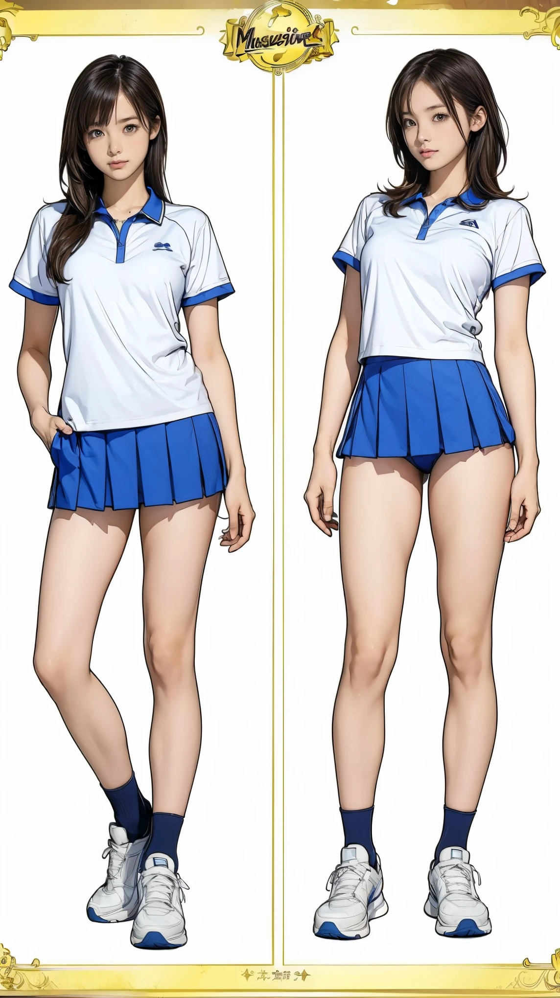 ((masterpiece)),(((highest quality))),((Character design sheet)),Thin thighs,Long legs,It's not a big deal ,Please wear tennis uniform and tennis shoes