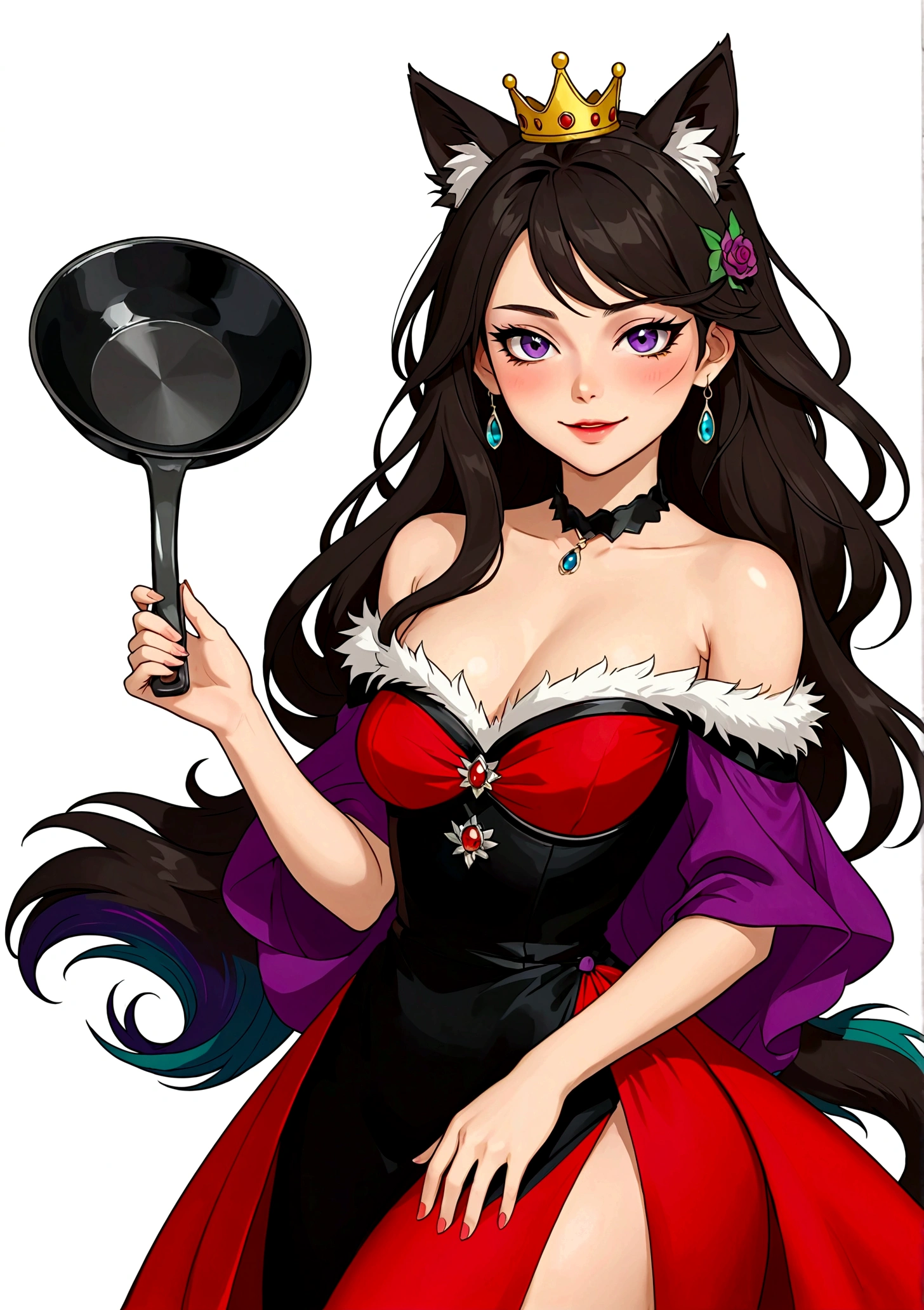 Anime girl holding a frying pan，laughing out loud，Fangs，Black eyes，(((Beauty mark:1.5)))，Purple eyeshadow purple eyelids，Black long hair，Cat ears，Small Crown，Red off-shoulder dress，Fur collar shawl，wave，Slender neck