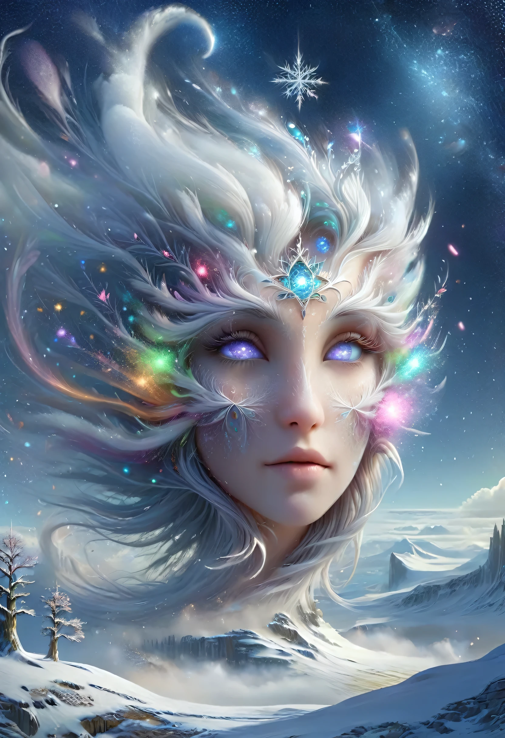 The face of the elf princess appears in the air，Elves with pointed earultiple exposure:1.8),Winter scenery，Surreal wonderland，Dreamy cloud and fairy island，(big snowflake:1.3)，Colorful big snowflakes are flying，The palace of the elf princess  covered with snow，The tree of life blooms with endless vitality，Twinkling stars in the night sky，Overlapping clouds and fog，Whimsical fantasy landscape art, Beautiful Art Ultra HD 8K, 8K highly detailed digital art, Beautiful and detailed fantasy, Epic fantasy landscape, Mysterious and dreamy scenery, Magic fantasy very detailed, magical scenery, It consists of big snowflake and the dreamy floating fairy island., Detailed fantasy digital art, 8K detailed digital art