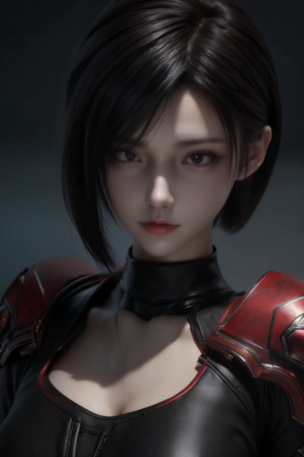 masterpiece,Game Art,Best picture quality,Maximum resolution,8K,((Above the waist:1.5)),(A bust photo),(portrait),(Head close-up),(Rule of Thirds),Unreal Engine 5 rendering works,(Digital Photography),(real picture:1.2),
20 year old girl,Short hair details,Long bangs,A face rich in detail,(The red eye makeup is carefully applied),(White,Red eyes with short hair,(Large target, Full breasts),Elegance and nobility,Brave and charming,
(Futuristic battle suit combined with medieval fantasy,Open coat,Combined Armor,Weapon Accessories,The costumes are rich in detail),Cyberpunk Characters,simple background movie lights,Ray tracing,Game CG,((3D Unreal Engine)),(Head focus),OC rendering reflection mode