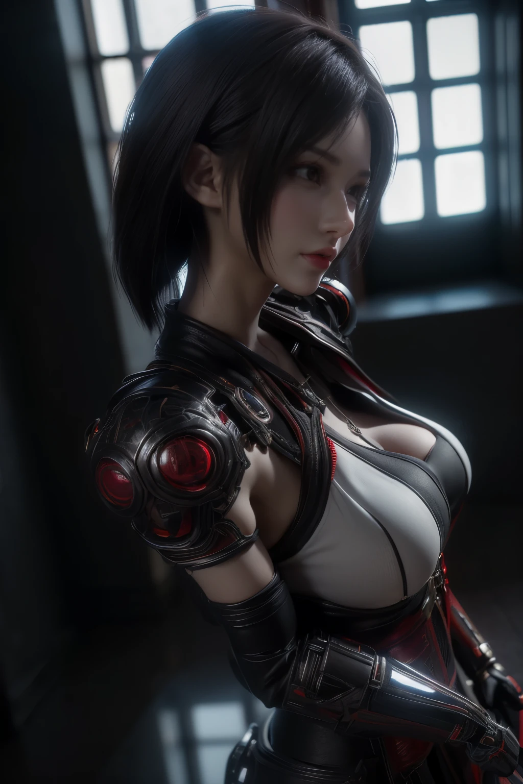 masterpiece,Game Art,Best picture quality,Maximum resolution,8K,((Above the waist:1.5)),(A bust photo),(portrait),(Head close-up),(Rule of Thirds),Unreal Engine 5 rendering works,(Digital Photography),(real picture:1.2),
20 year old girl,Short hair details,Long bangs,A face rich in detail,(The red eye makeup is carefully applied),(White,Red eyes with short hair,(Large target, Full breasts),Elegance and nobility,Brave and charming,
(Futuristic battle suit combined with medieval fantasy,Open coat,Combined Armor,Weapon Accessories,The costumes are rich in detail),Cyberpunk Characters,simple background movie lights,Ray tracing,Game CG,((3D Unreal Engine)),(Head focus),OC rendering reflection mode