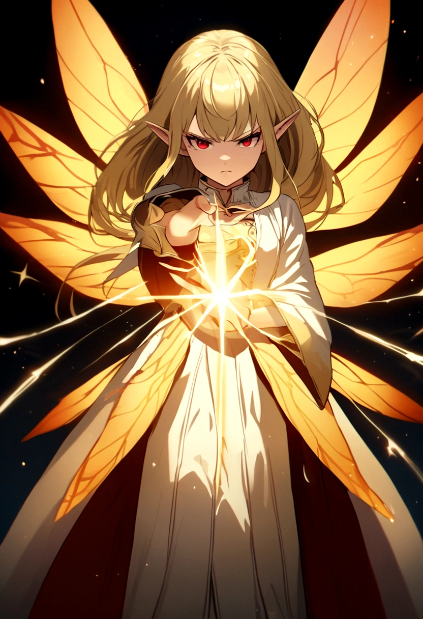 Fairy girl with wings and a book in hand, Classic Long Dress, Fairy Wings, Red eyes and Blonde Hair, Golden Hair, Serious face, Magic, arcane powers, RPG Character, pointy ears, look serious, casting a spell, 4k, full hd