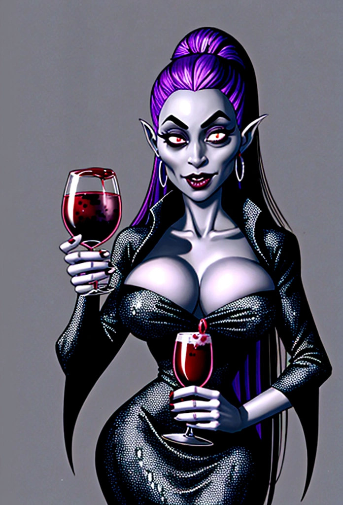 arafed woman in a black dress holding a wine glass, she holds a glass of wine, commission for high res, with a drink, portrait of jinx from arcane, female death holding a cocktail, drinking wine, drow, oc commission, enjoying a glass of wine, androgynous vampire, perfect drow, holding a glass of wine