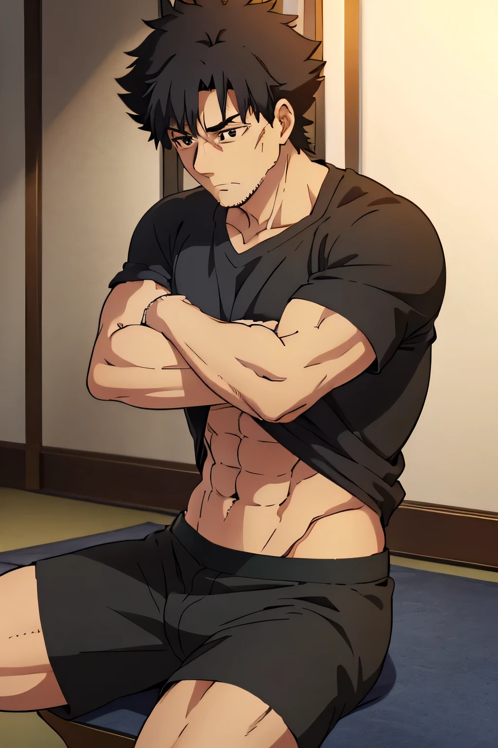Kiritsugu is sitting and flexing his buff biceps and thighs. He wears black short boxershorts. You can see his thighs. He wears a black tshirt with short sleeves. His right sleeve is completely rolled up so you can see his entire arm and shoulder. He is showing his abs too. He is admiring his arms.