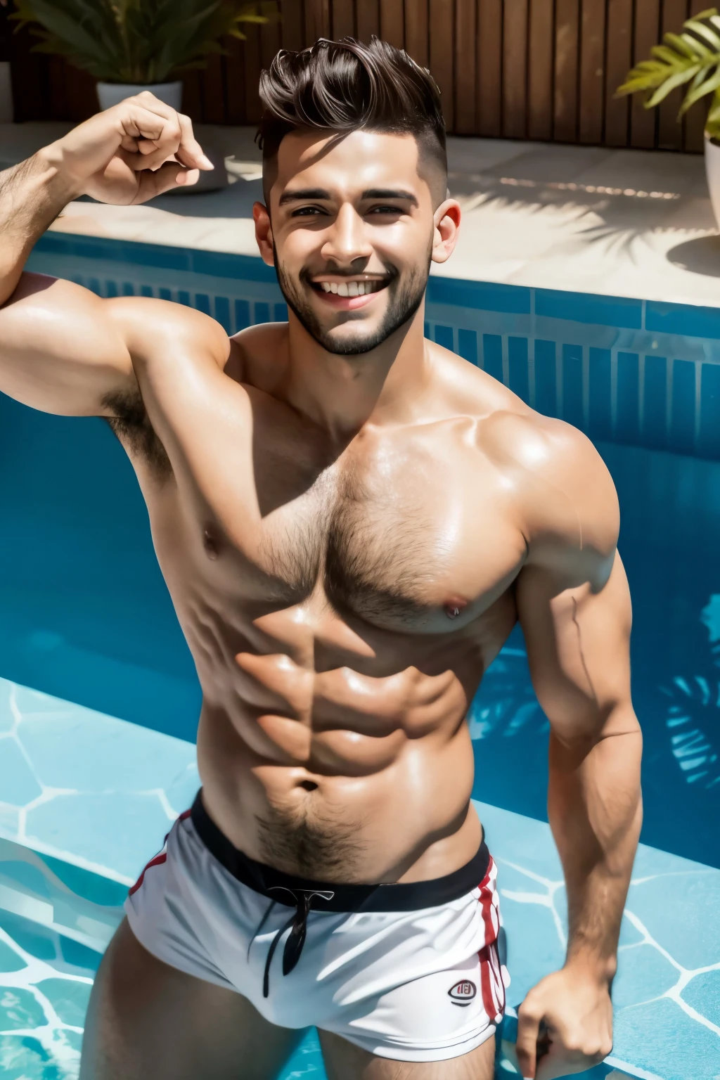 malhado, rindo, brasileiro, cabelo curto, sunga, corpo inteiro, piscina, homem, cantor,