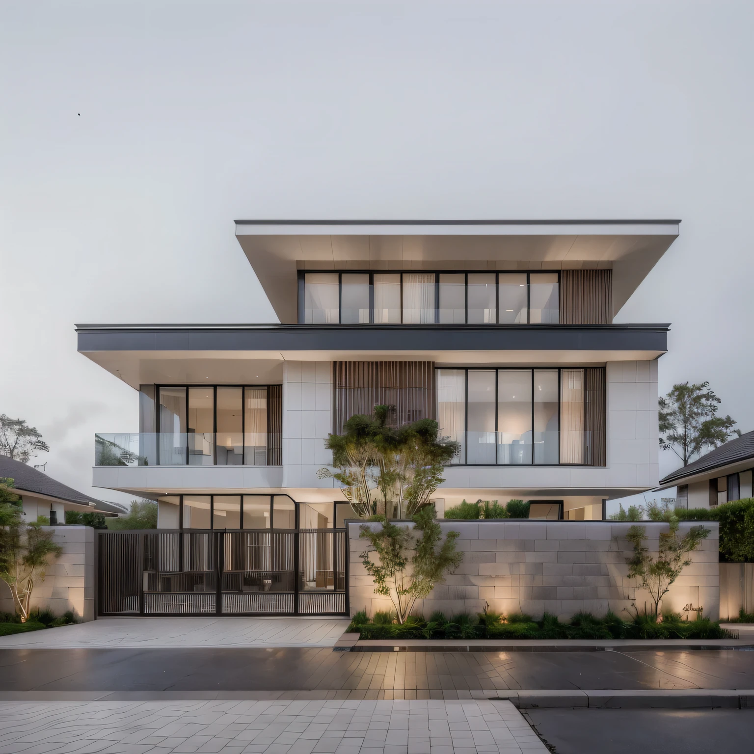 RAW photo, Exterior of two story white modern house, (road:1.3), (sidewalk:1.3), (sidewalk trees:1.3), (residences area:1.4), dawn time, overcast, fog, tropical trees and plants, (high detailed:1.2), 8k uhd, dslr, soft lighting, high quality, film grain, Fujifilm XT3, (sharpen:1.5)