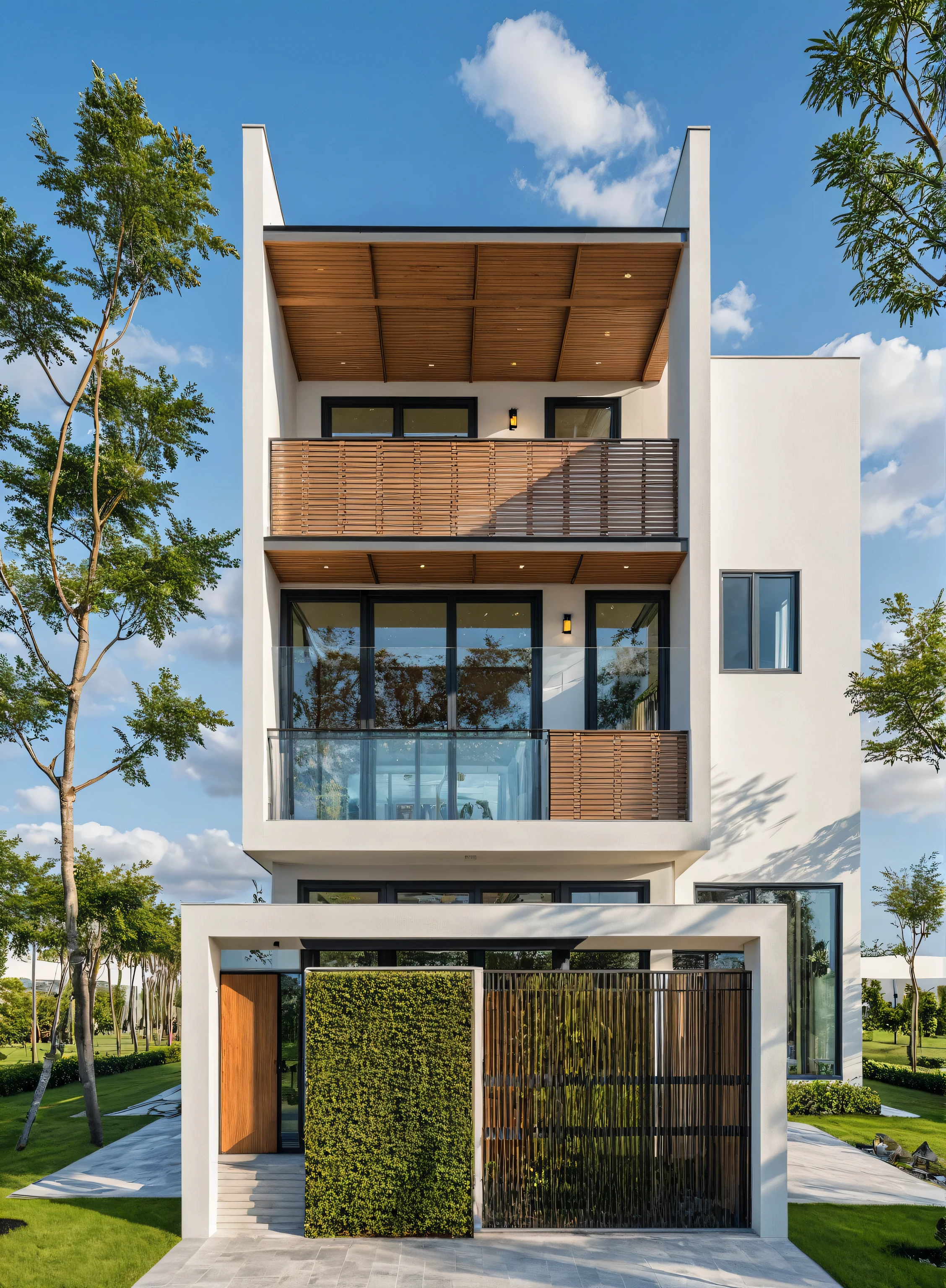 Masterpiece, high quality, best quality, authentic, super detail, outdoors, onestoreyvillaXL, aiaigroup, house style modern on the street ,stairs, white wall ,road,pavement, grass, trees, sky, cloud, (daylight:1.1)