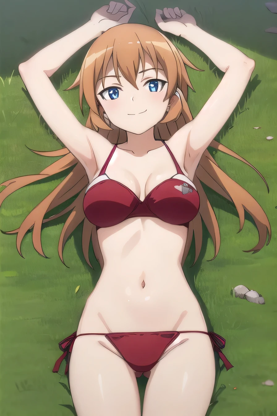 solo, 1girl, looking at viewer, 2D, anime, anime coloring, high quality, solo, lying, on back, on grass, spread arms, arms up, closed mouth, (cowboy shot:1.5), looking at viewer,  smirk, best quality, charlotte e. yeager, red bikini, red panty, smile