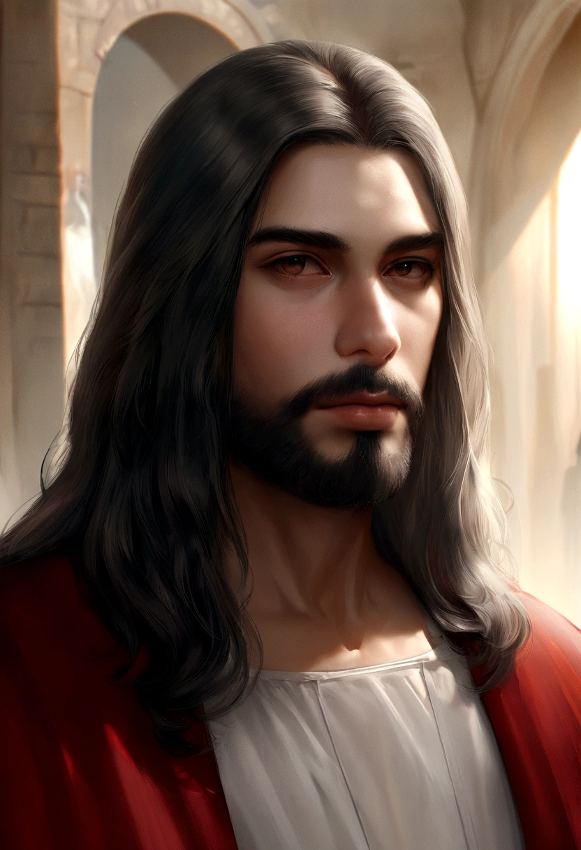 um close up de um homem de cabelos compridos e barba, Jesus Cristo, Retrato de Jesus Cristo, Arte digital realista 8k, Jesus of Nazareth, pintura digital ultra realista, rosto de Jesus, arte digital altamente realista, pintura digital hiper realista, arte digital ultra realista, arte digital muito realista, Jesus, arte digital ultrarrealista