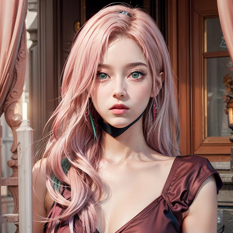 young woman, short shoulder-length pink hair, wide forehead, porcelain skin, pink eyebrows, big emerald green eyes, buttoned nose, full lips, heart-shaped face, slender body, small breasts, red tank top, Sakura Haruno , realistic, realism, details, 3d, well detailed