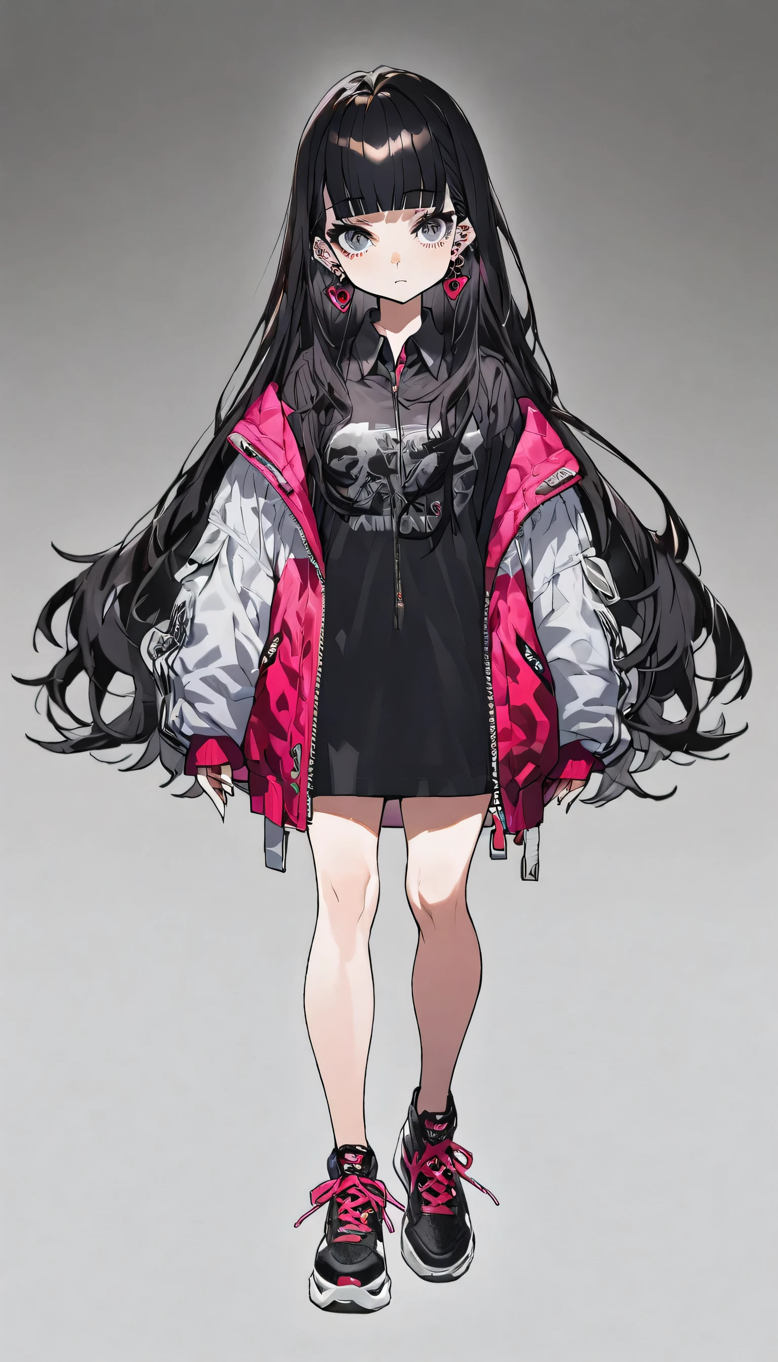 1girl, long hair, bangs, shirt, black hair, jewelry, closed mouth, jacket, full body, earrings, collared shirt, blunt bangs, grey background, grey eyes, gradient background, ear piercing