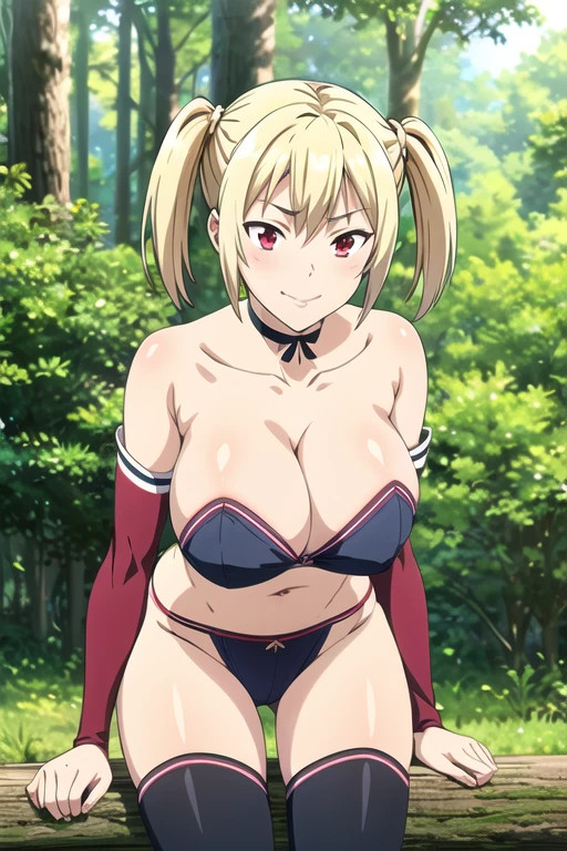 best quality, masterpiece, forest,
1girl,large breasts, cleavage,smug,leaning forward, nipple slip, 
 iris, blonde hair, short twintails, red eyes, detached sleeves, navel,black thighhighs, loincloth,navel,collarbone, choker,