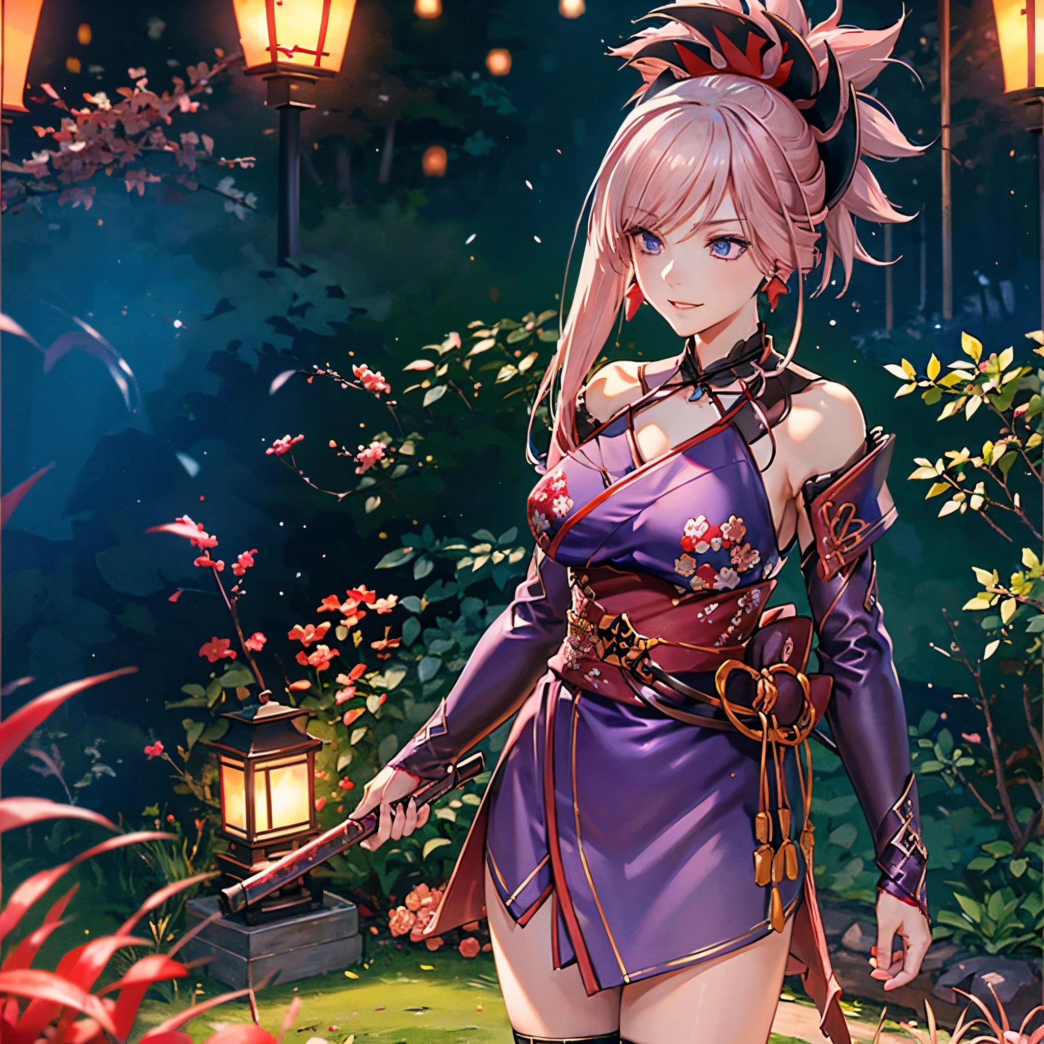 A woman wearing a purple kimono with exposed shoulders, red details on the kimono, red samurai shoulder pad, red samurai boots, holds a katana in both hands perfectly, walking on a wide lawn in Japanese aesthetics, light pink hair, ponytail hair, shuriken in hair, weak blue eyes, smiling, big breasts,UHD , work- prime, precise, anatomically correct, textured skin, super details, high quality, best quality, 8k, high resolution, bokeh effect. (woman alone)
