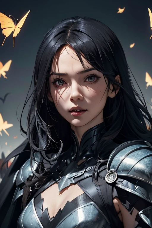(masterpiece, highest quality)、Cute black dragon knight、Except for his head, he is covered in black, scaly armor.、Fluttering Black Cape、Not scary、Cute Girls、Dragon scales on half of the face、head to waste、