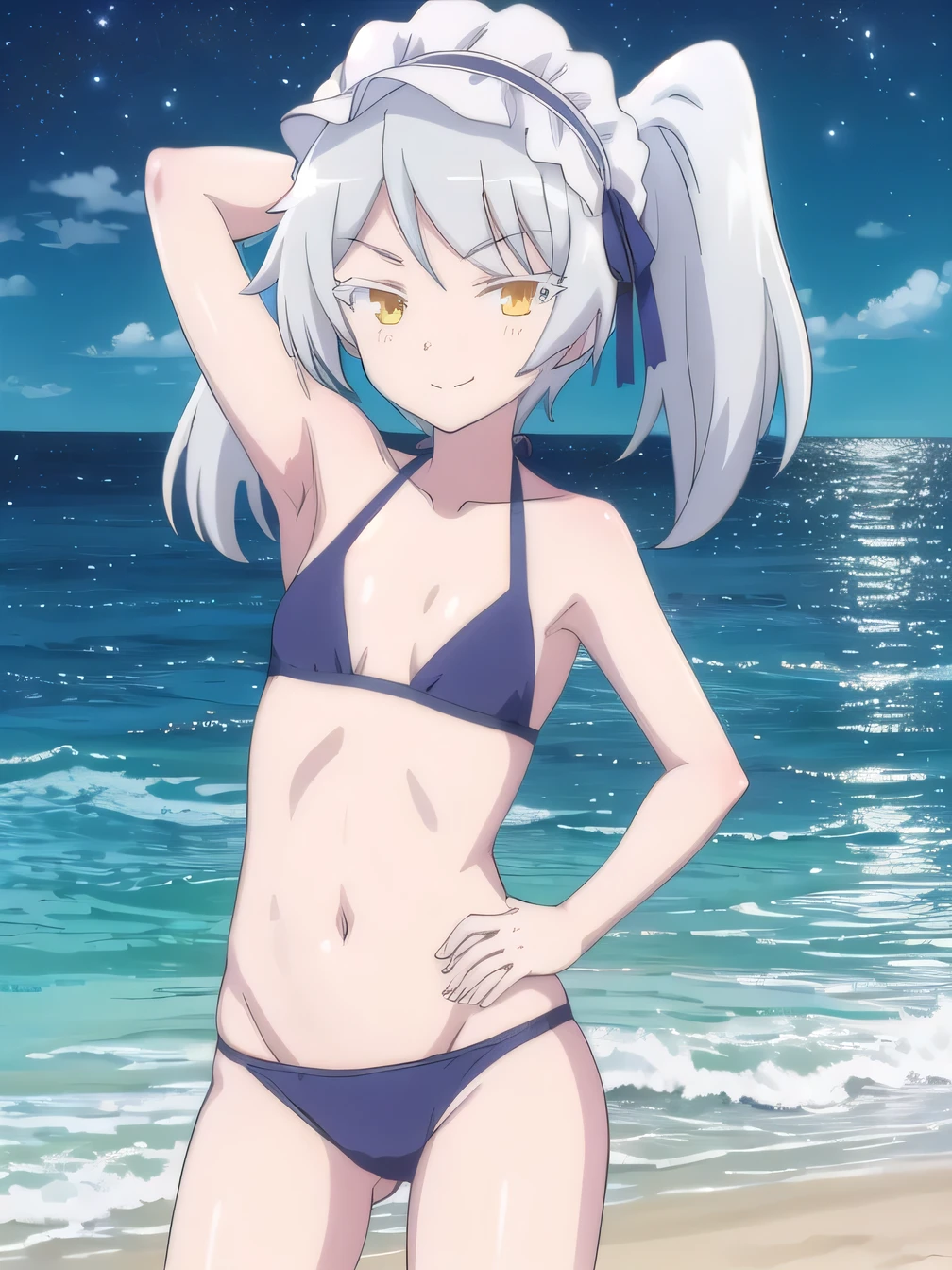 solo, 1girl, looking at viewer, anime coloring, high quality, solo, night sky, beach, arm behind head, hand on hip, contrapposto, closed mouth, spread armpits, (cowboy shot:1.5), looking at viewer, smile, best quality, leen,black bikini, smirk, flat chest,