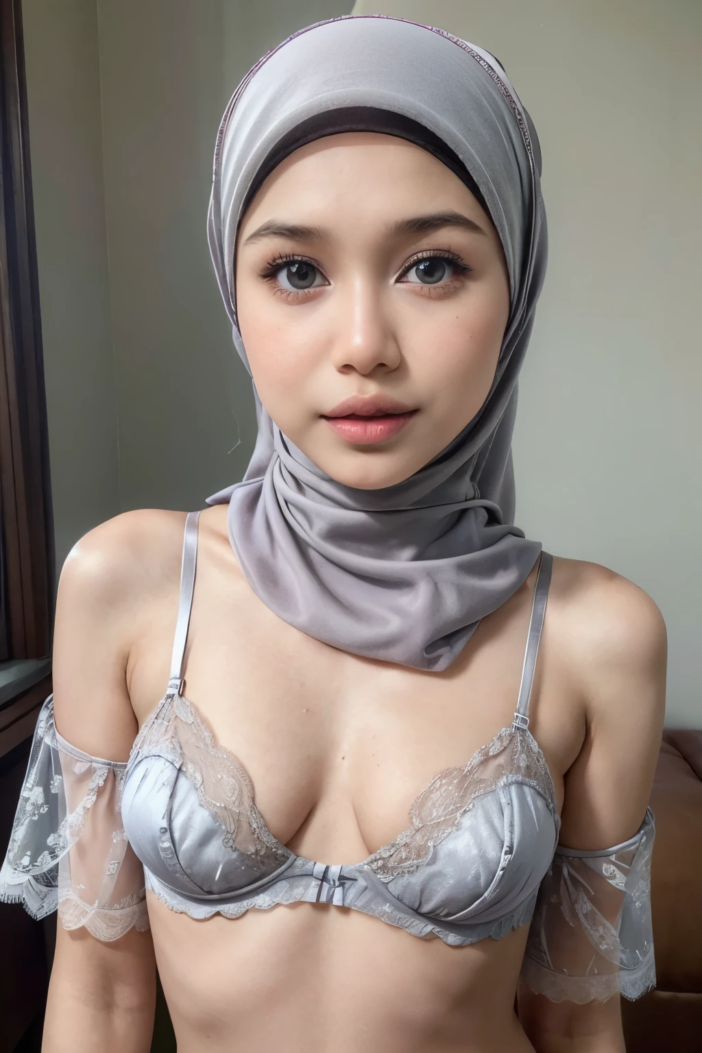 ((BIG HUGE EYES)), ((FULL LACE)), Very Thin body (Wearing Bra Lingerie), (((HIJAB MALAY GIRL))), masutepiece, High quality, UHD 32K, Realistic face, Realistic skin feeling , A Malay Lady, 8 , , Very cute and baby-like face, (((FLAT CHEST))), (MATRIX WORLD), ((look In front at the camera and SADNESS)), ((())), (((CUTE GIRL))), ((SILVER LIPS)), ((BROWN)), (naked undress). WEAR BRA LINGERIE, purple, lace