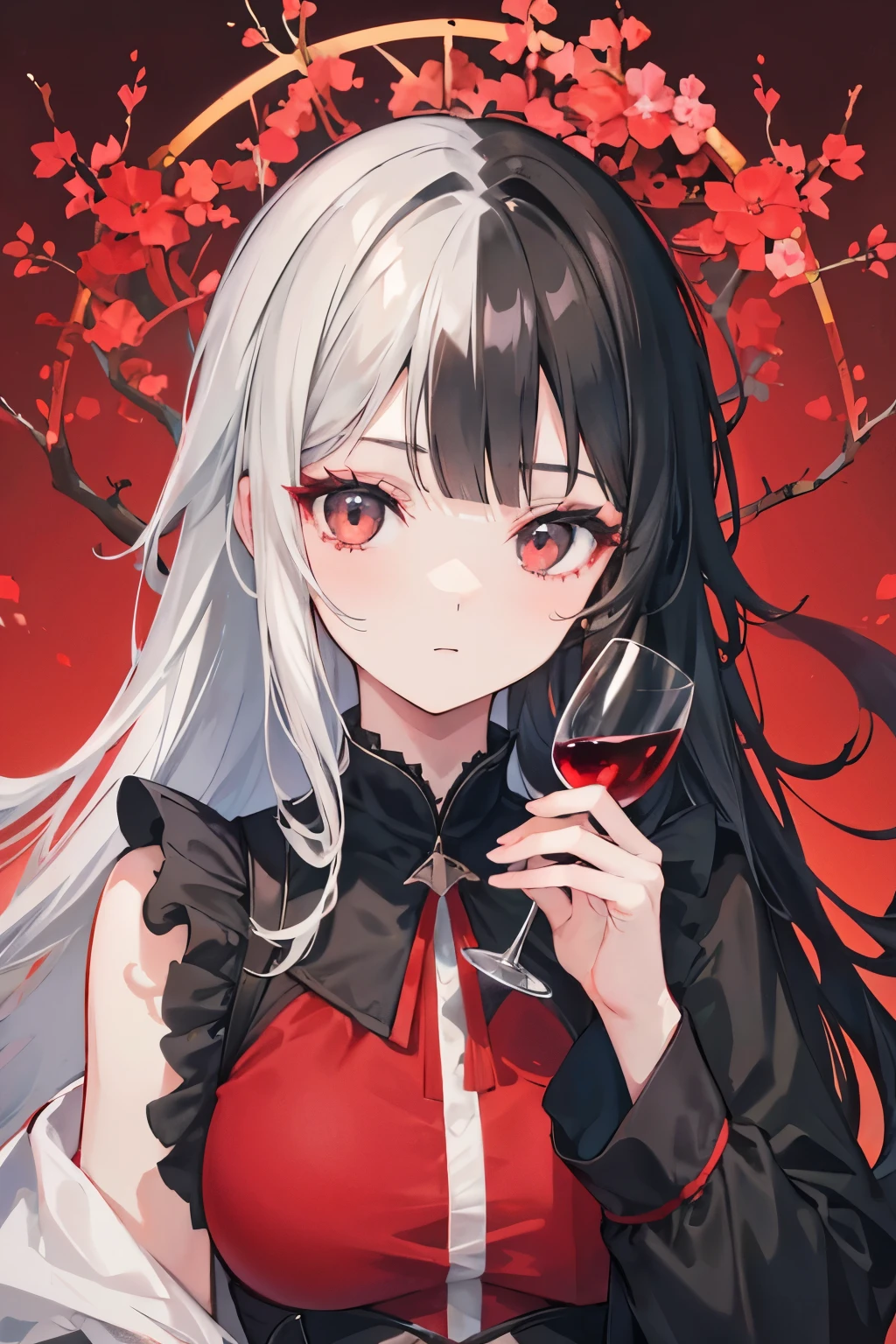 beatiful girl with gray eyes with split long hairstyle black-silver hair and holding a glass of wine in one hand, red flowers background, big cheast, big 
