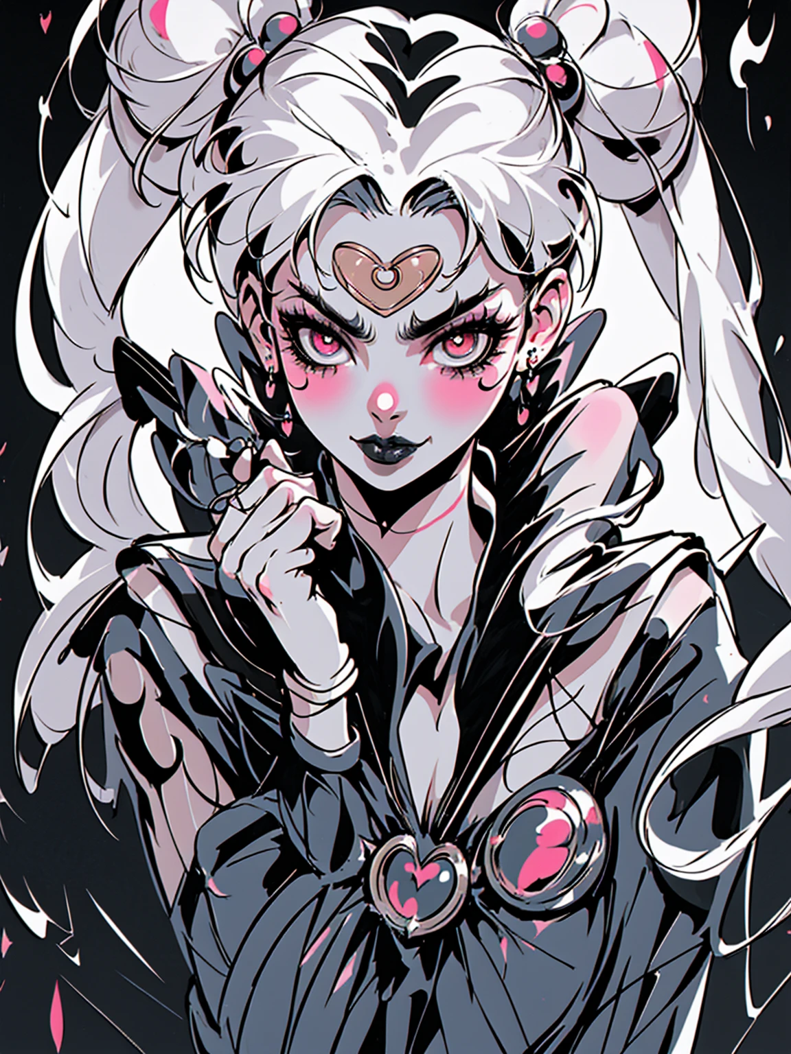 masterpiece, best quality, 1girl, gothic, black lips, solo, black hair, makeup, twin tails, hair buns, (sailor moon), half-cycle, correct hands, proportional fingers, detailed hands, detailed face, detailed body, multicolored white hair, bangs, eyeshadow, tattoos, hair bow, bow, lipstick, two-tone hair, black background, ultra-detailed, professional, bokeh, hentai, illustration, vivid colors, portraits, sharp focus, horrified color palette, dramatic lighting