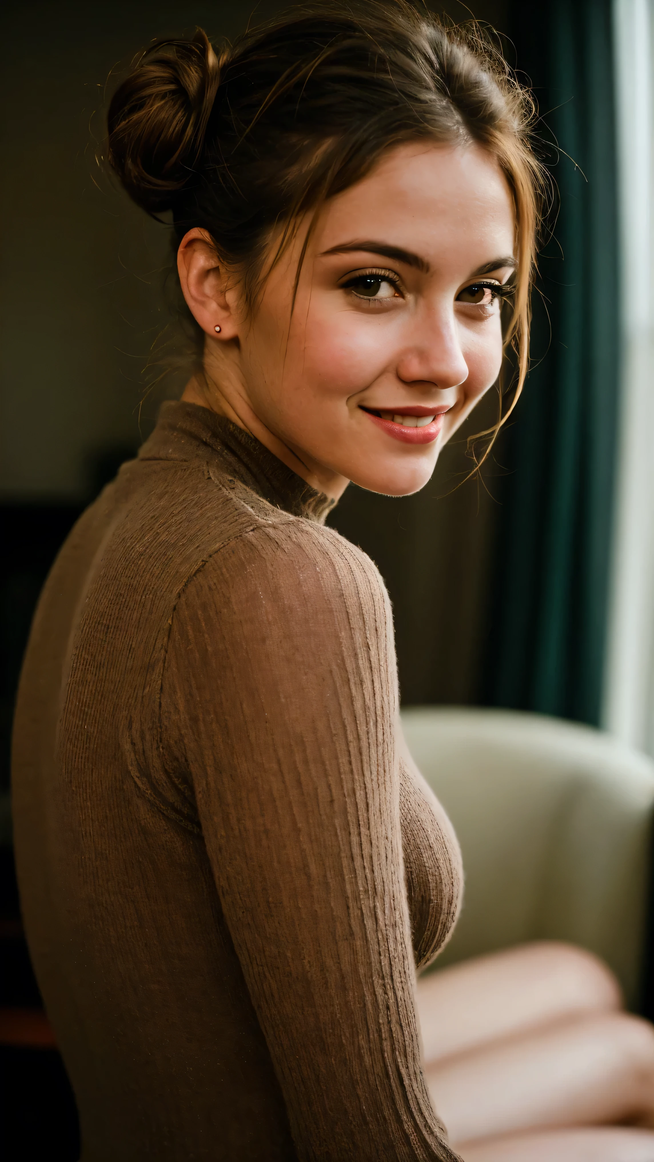 photo of a busty smiling woman with brown messy hairbun, looking shy from the side towards the camera, sitting in a cozy room, wooly knitted full bodysuit with pop-art print, very detailed, atmospheric haze, Film grain, cinematic film still, shallow depth of field, highly detailed, high budget, cinemascope, moody, epic, OverallDetail, gorgeous, 2000s vintage RAW photo, photorealistic, candid camera, color graded cinematic, eye catchlights, atmospheric lighting, skin pores, imperfections, natural, shallow dof