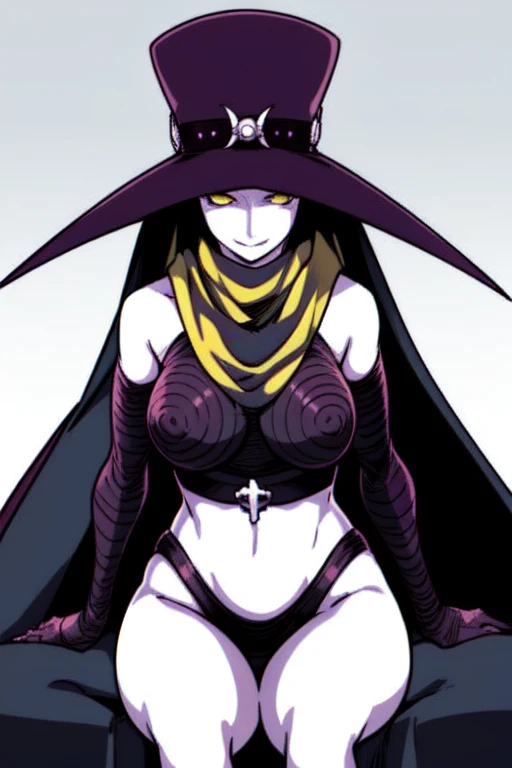 Scathach, solo, girl1, shin megami tensei, hat, cape, gloves, white skin, yellow eyes, flowing, sitting, black shirt, smile, (best quality, masterpiece) 