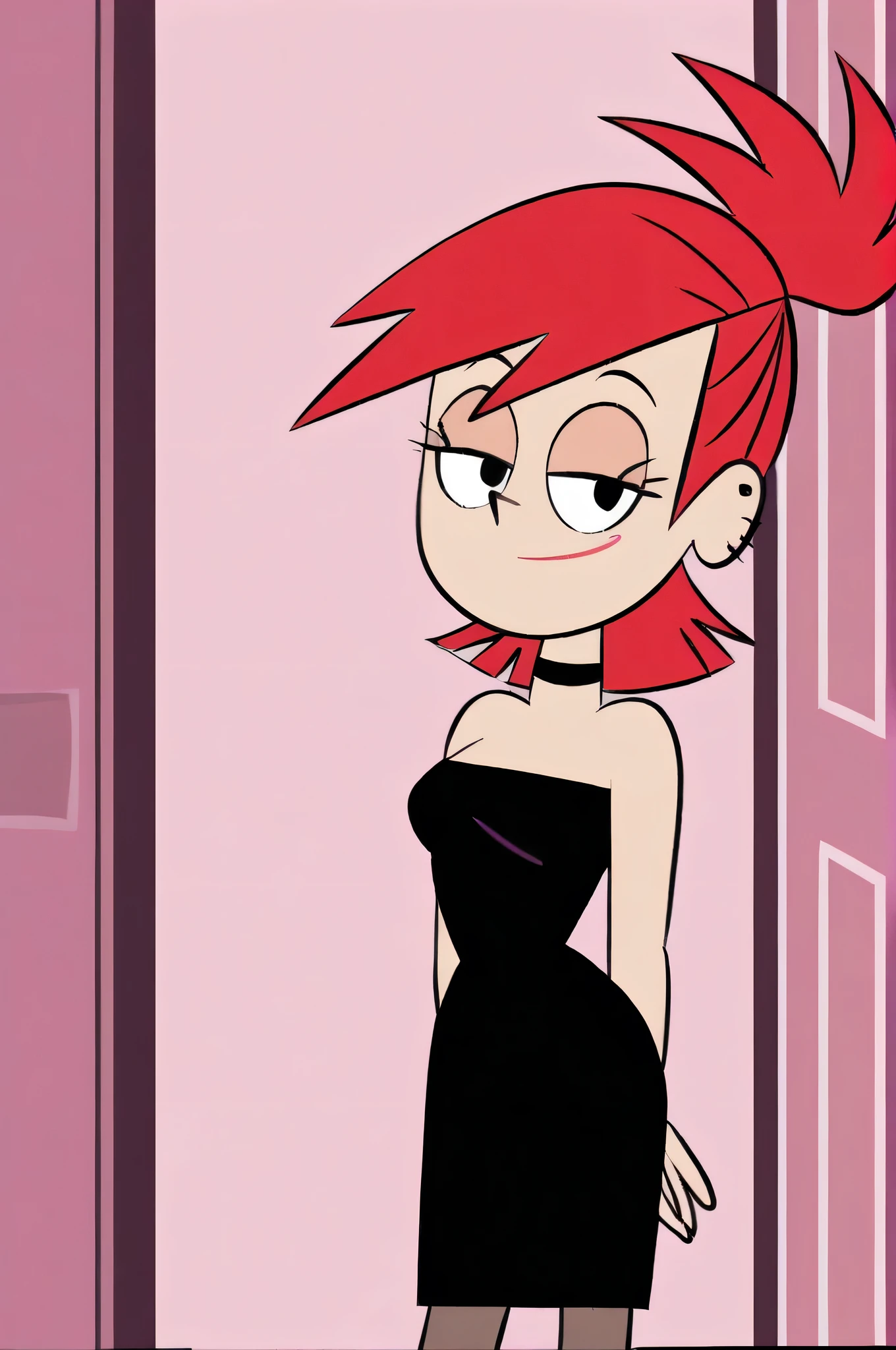 FrankieFoster, red medium hair, red bob hair cut, black eyes, posing, solo, strapless black dress, smug, beautiful, arms at sides, standing at the pink front door, looking at viewers,