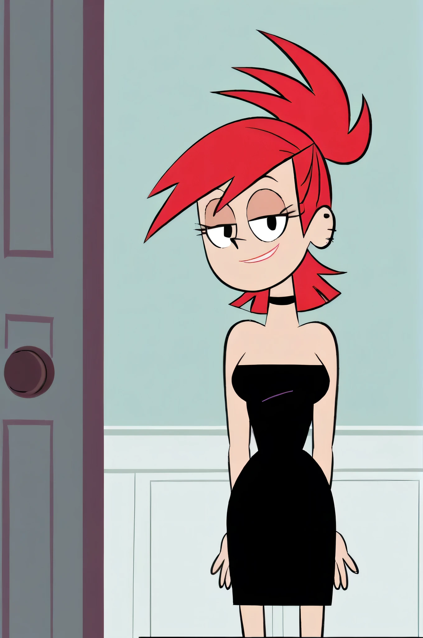 FrankieFoster, red medium hair, red bob hair cut, black eyes, posing, solo, strapless black dress, smug, beautiful, arms at sides, standing at the pink front door, looking at viewers,