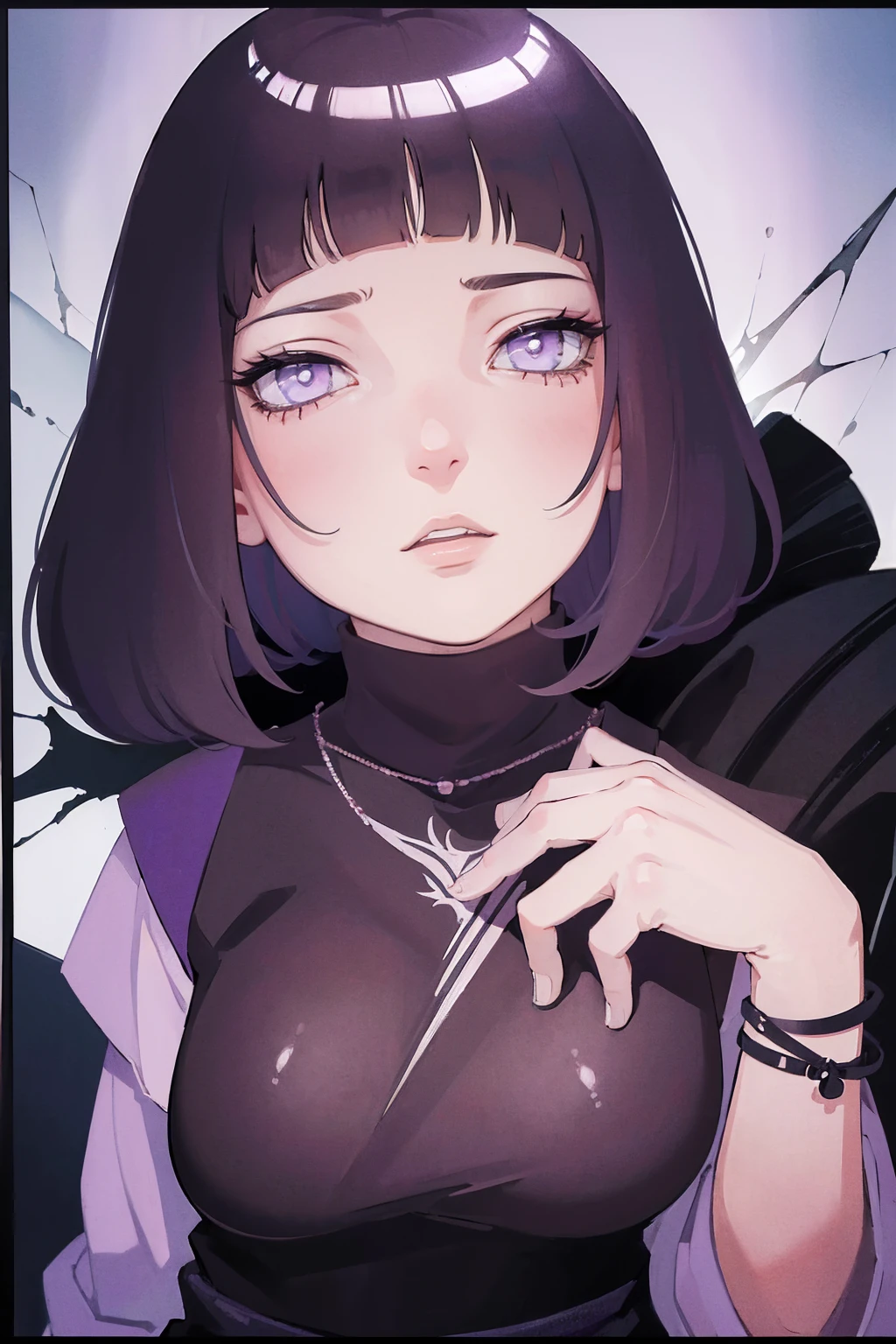 { - anatomy error} (Masterpiece - Ultra-detailed, very high resolution) (huge titusty, masterpiece, absurdres, hinata\(boruto\),2d, Character female, {{35 years old}}, for an RPG based in the Naruto universe by Masashi Kishimoto, specially in hyuga clan; Appearance inspired by Wraith / Apex Legends, with byakugan-gray eyes, kind and sweet expression; medium and dark hair; wearing ninja lilac outfit]; artwork in Japanese animation style beautiful, high definition, masterpiece, {{high detailed eyes}}, grain filter, Detailed lips, high resolution, ultra-detalhado, retrato, mulher caucasiana, realista proportions, Anatomicamente preciso, bochechas rosadas; alta qualidade, premiado, high resolution, 8k, ((altamente detalhado:1.3)
