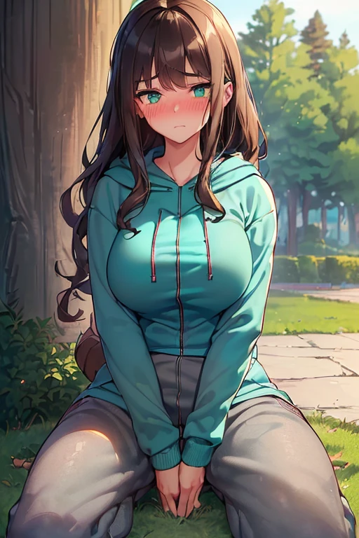 (((slightly big breasts))), ((best quality)), ((masterpiece)), (detailed), (((perfect face))), (((slender  girl wearing teal zip hoodie))), (((gray sweatpants))), ((brunette, dark brown hair)), ((wavy hair)), (((green eyes))), ((shy:1.3)), ((blushing:1.5)), ((perfect hips)), (((outside next to a tree))), ((((girl looking away)))), (((sitting on ground )))(((knees pressed to chest)))
