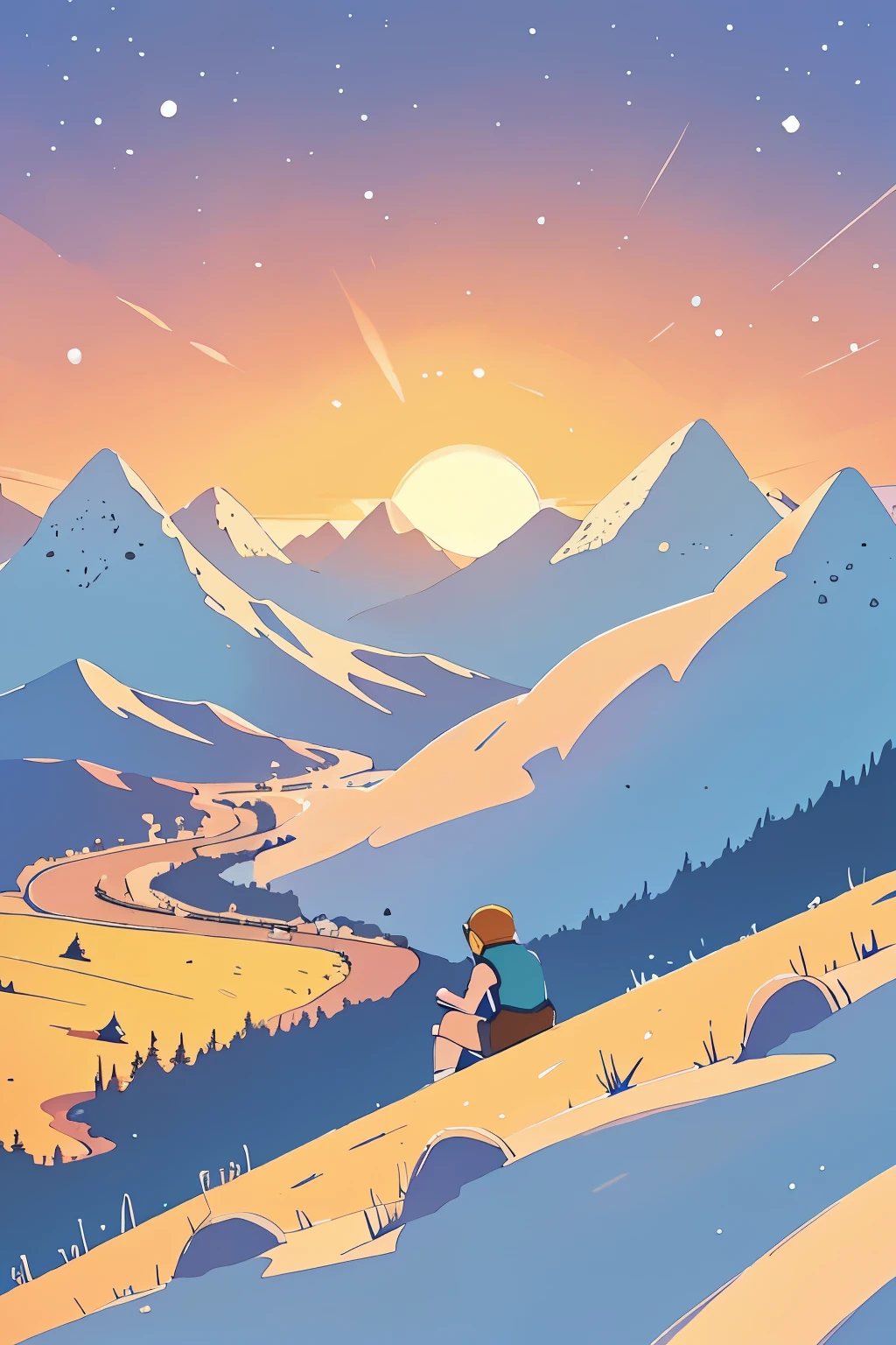 In this whimsical, cartoon-style scene reminiscent of "Adventure Time," a teenager is seated on a hill, the focus entirely on them as they listen to lo-fi hip hop through their headphones. The setting sun casts a vibrant gradient of colors across the sky, blending into the early appearance of twinkling stars. The backdrop features a charming valley surrounded by towering mountains, their peaks playfully dusted with snow and dotted with sparse vegetation. A small, cozy village nestles within the valley, completing the serene and picturesque landscape.

