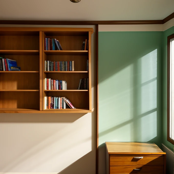 Estamos en una sala, In the background we see a bookshelf and next to it a window. Afuera de la ventana vemos un pajaro 