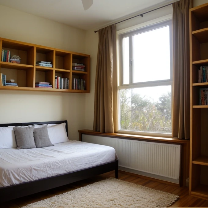 Estamos en una sala, In the background we see a bookshelf and next to it a window. Afuera de la ventana vemos un pajaro